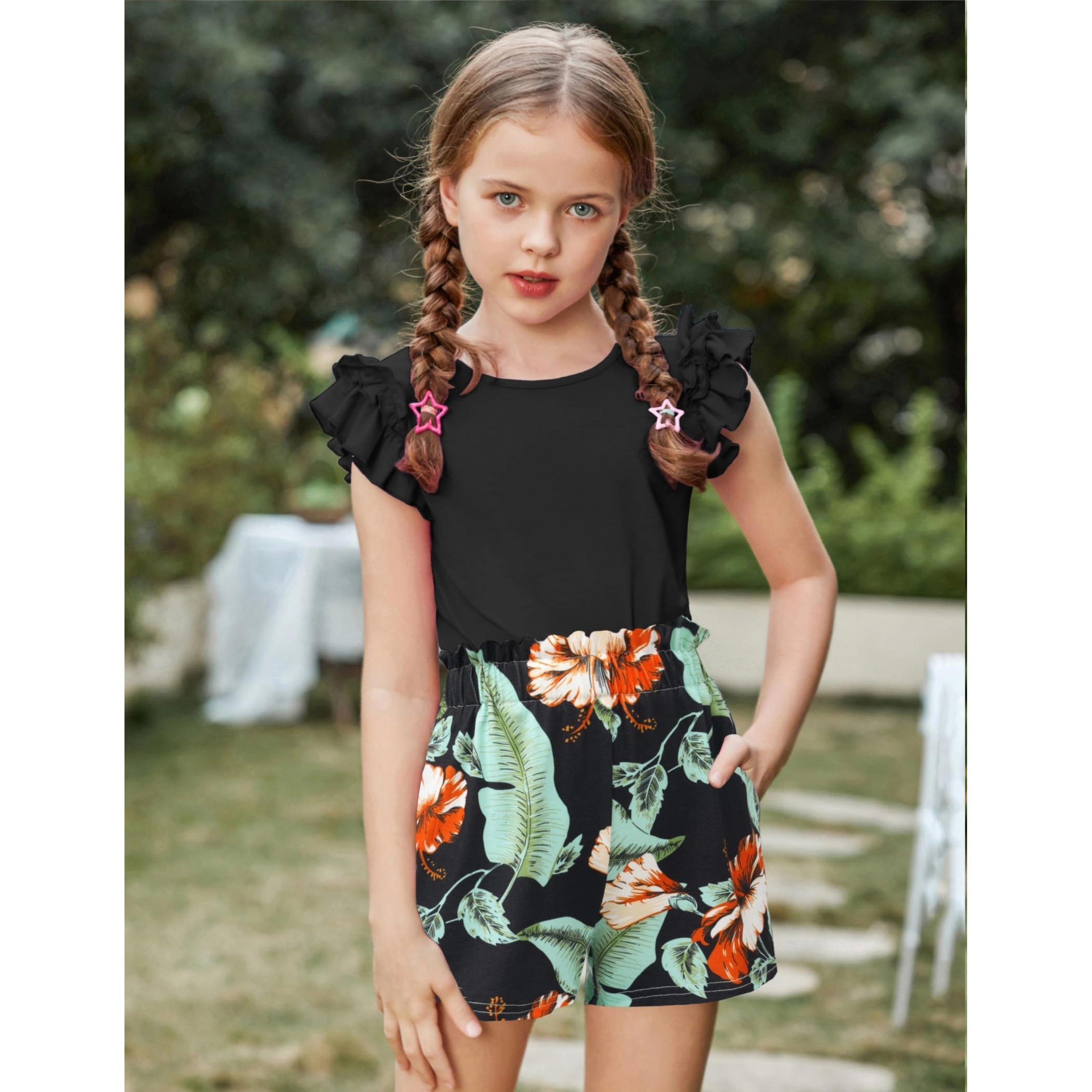 Arshiner Girls Piece Outfits Summer Hawaiian Clothes Ruffle Sleeve T Shirts High Waist Paper