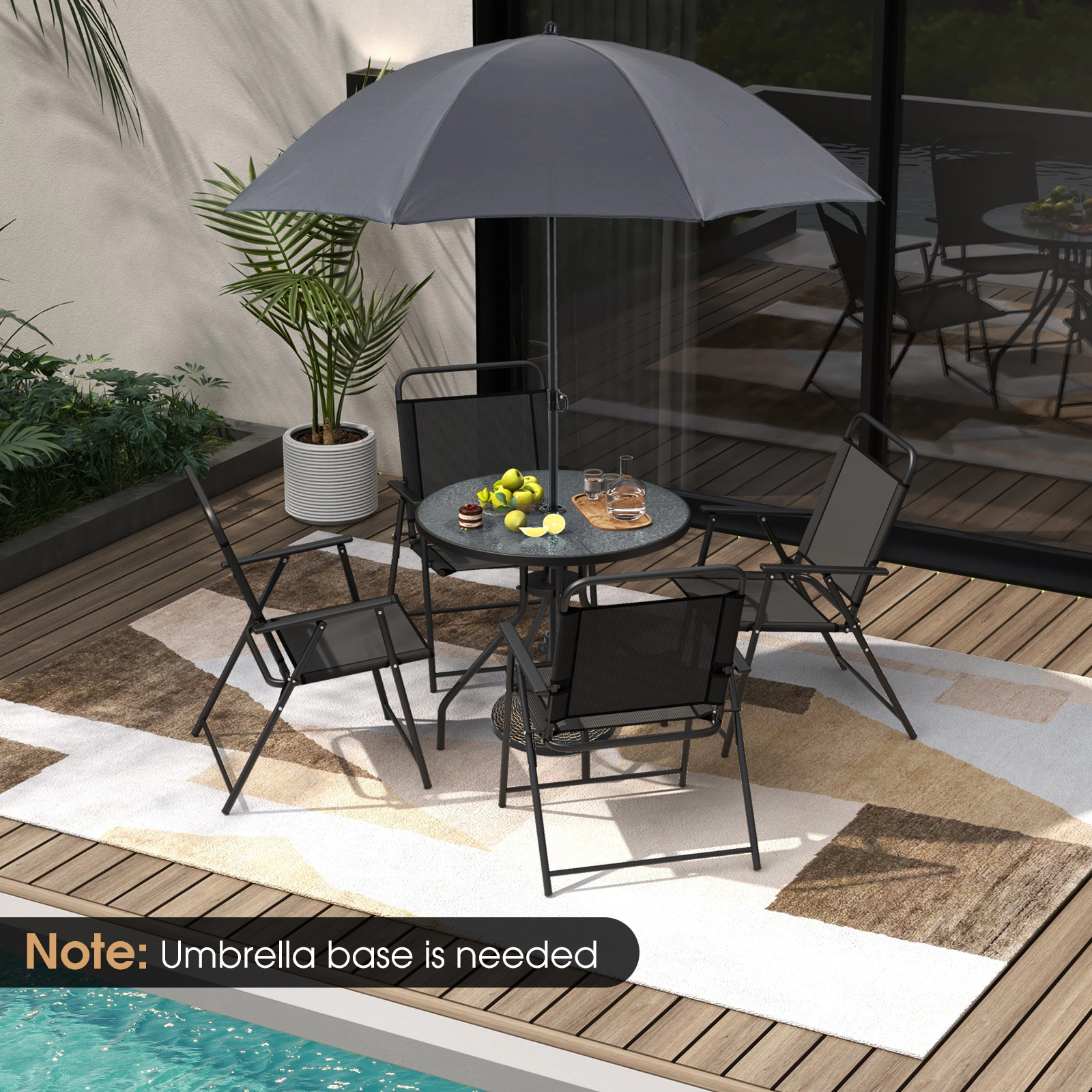SUGIFT Gray Folding Chairs Tempered Glass Table and Tilt Umbrella 6-Piece Patio Dining Set