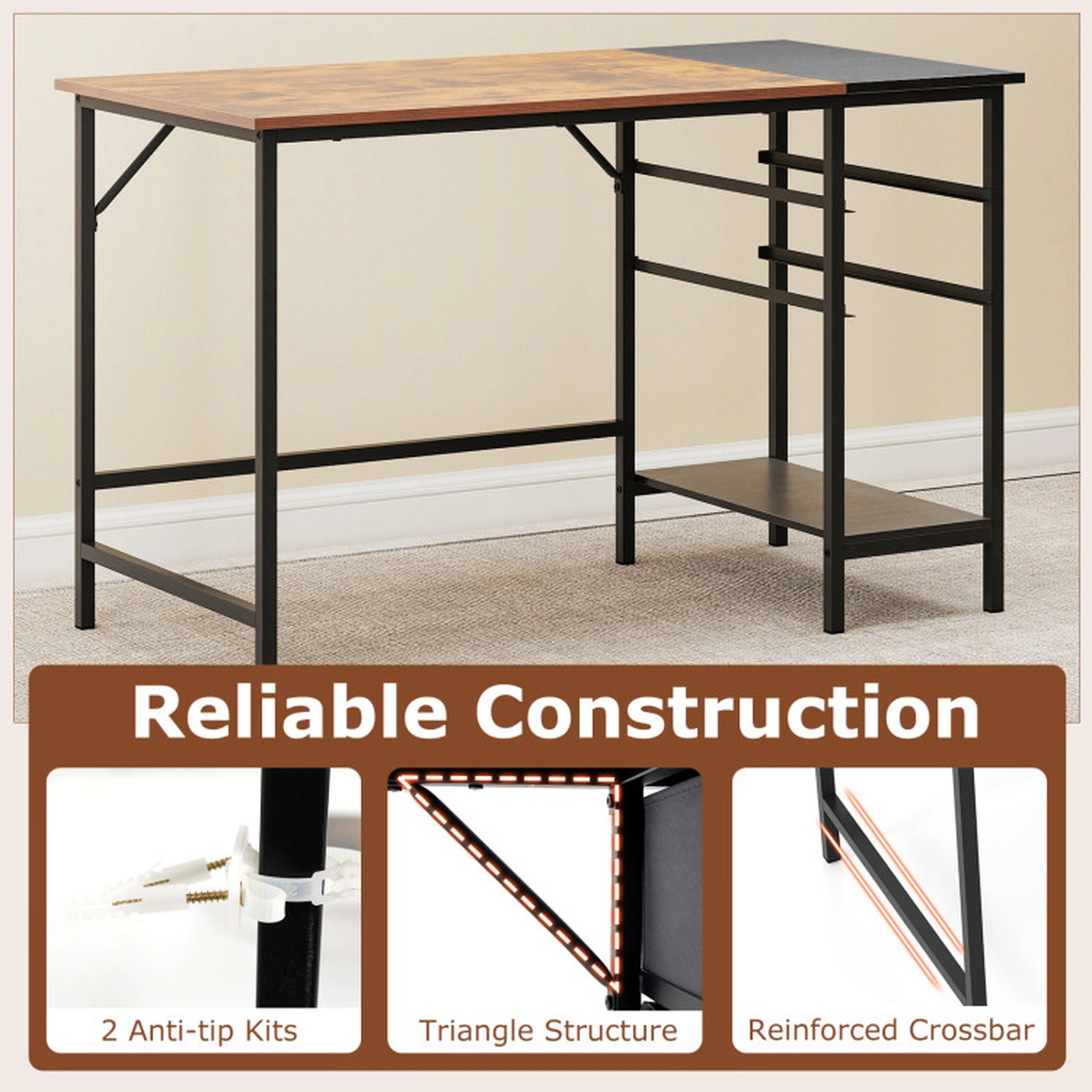 SUGIFT Industrial Computer Desk 2 Folding Fabric Drawers & Open Shelf 110-Lb Tabletop Capacity Rustic Brown Black Gray