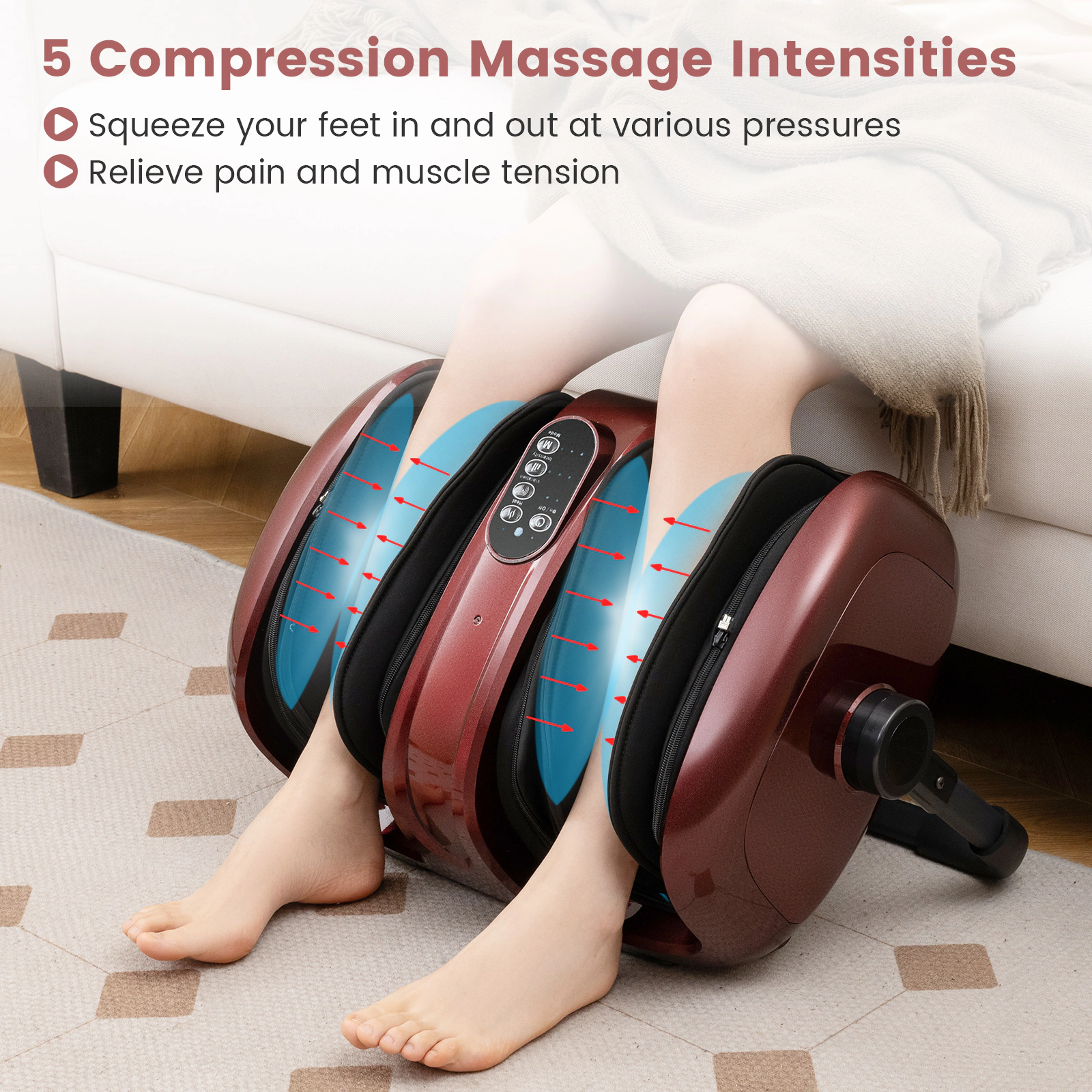 SUGIFT Rolling Shiatsu Foot and Calf Massager with Heat and Compression Fits Up to US 14.5 Foot Size Red+Black