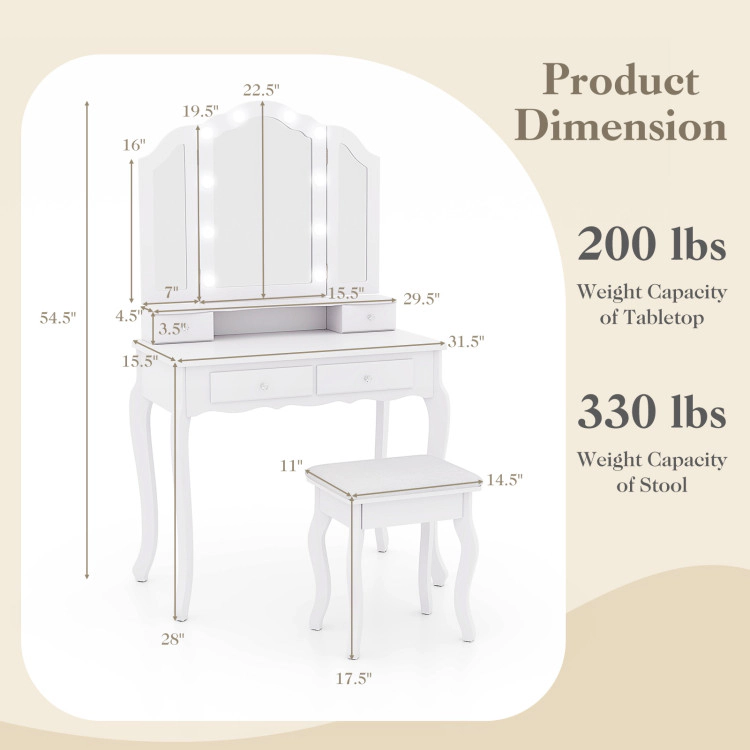 Hivvago Makeup Vanity Table Set With Lighted Mirror And Drawers