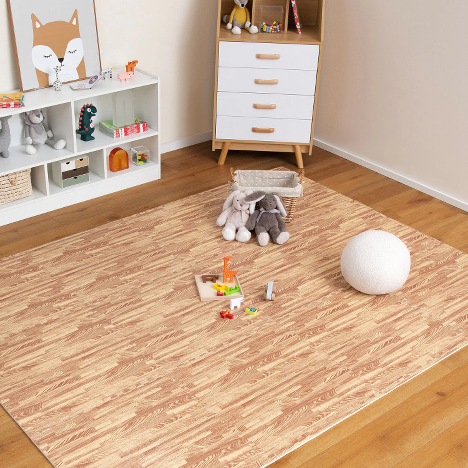 SUGIFT Natural 25 Tile Wood Grain Interlocking Foam Floor Mat Set with 50 Borders 24-in W 24-in D 0.4-in H