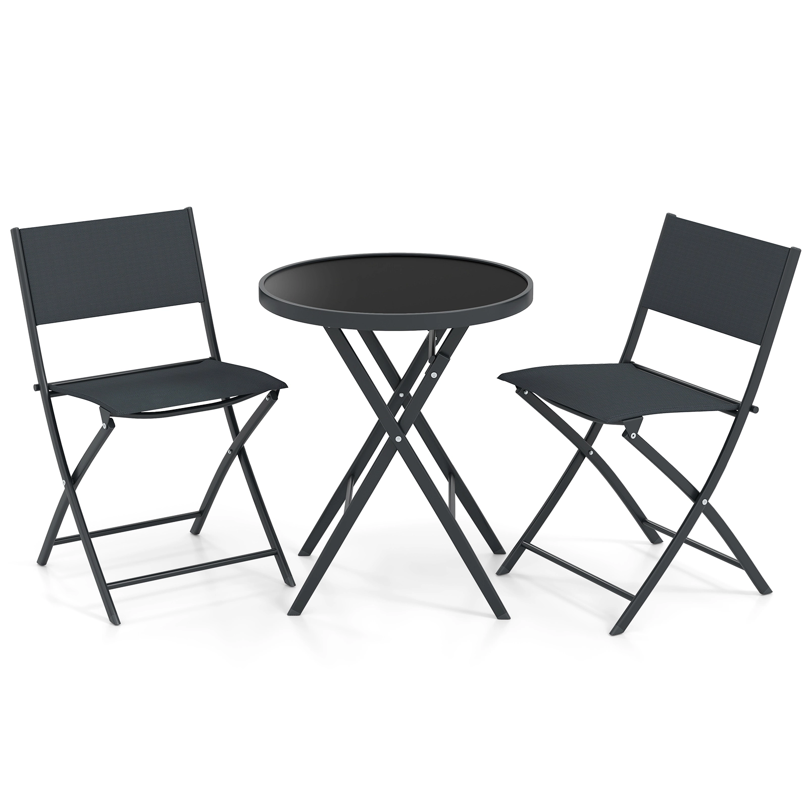 SUGIFT 3 Piece Folding Patio Bistro Set Black with Tempered Glass Table and 2 Chairs