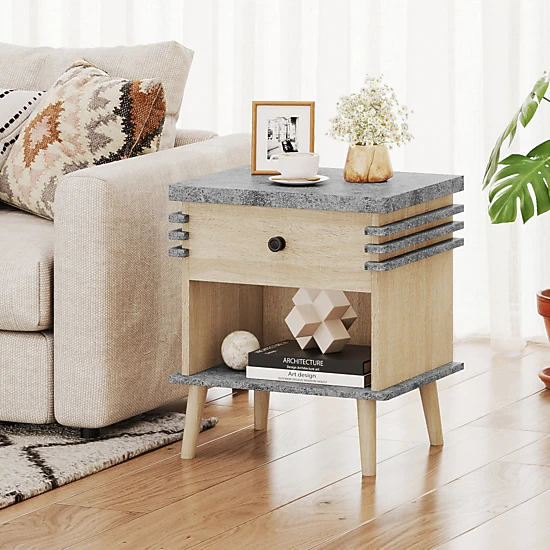 Glintex 3-Tier Nightstand with Antique Grey Faux Marble Top and Rubber Wood Legs, Gray