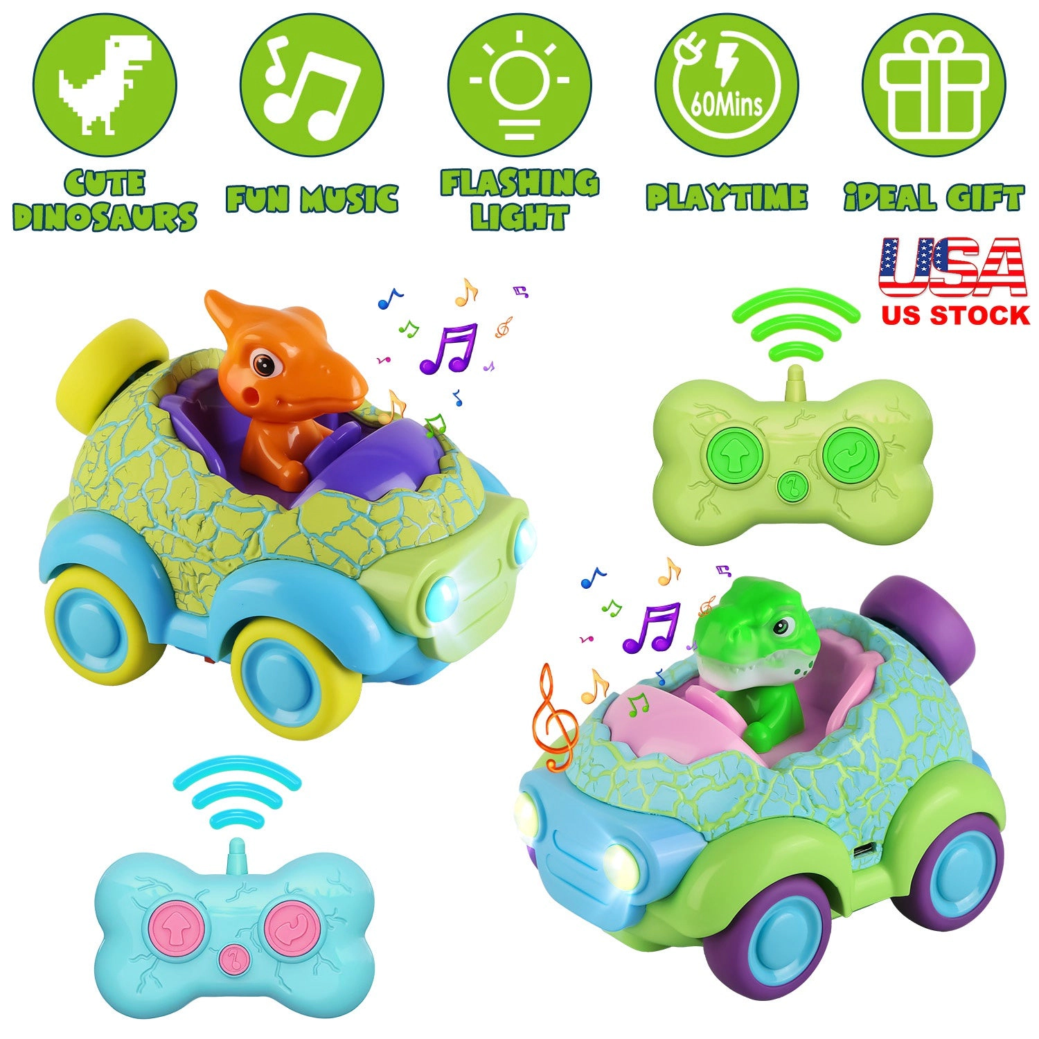 GBruno 2-Pack Rechargeable Dinosaur Remote Control Cars