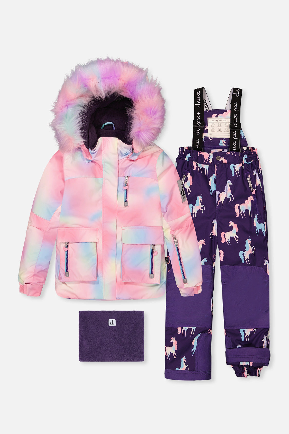 Deux par Girls Unicorn Print Two Piece Play Snowsuit with Hooded Jacket and Snow Pants