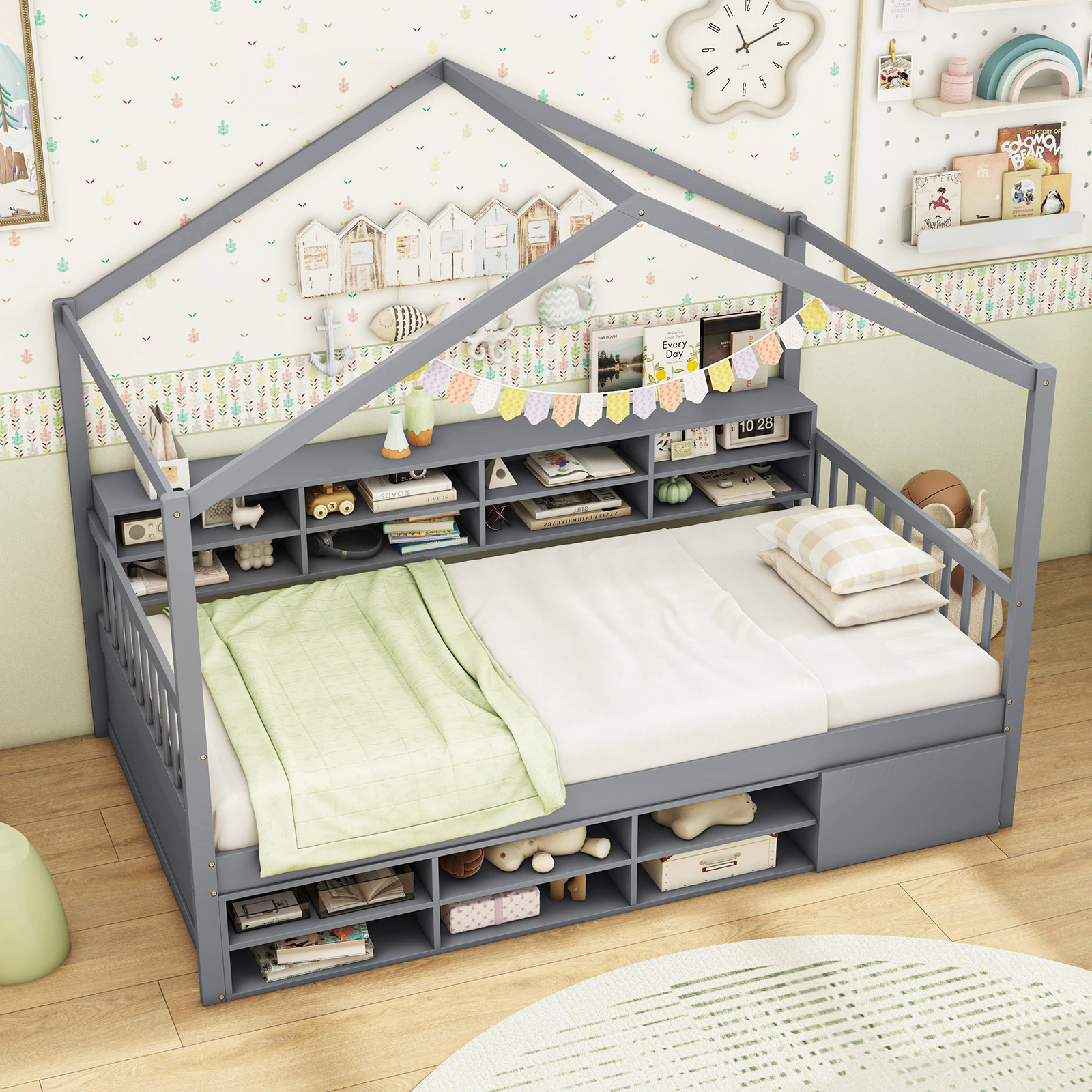 SUGIFT Twin House Bed with Roof, 14 Storage Cubes, Cabinet and Guardrails, Gray/White