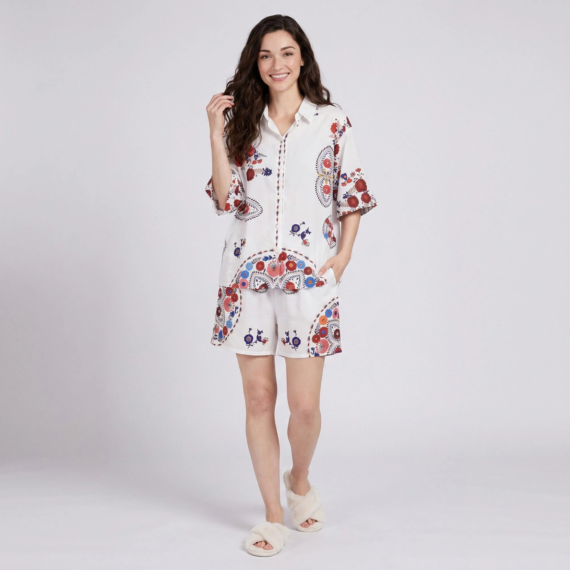Anna-Kaci Women's 2-Piece Paisley Floral Short Pajama Set with Button Top and Matching Shorts