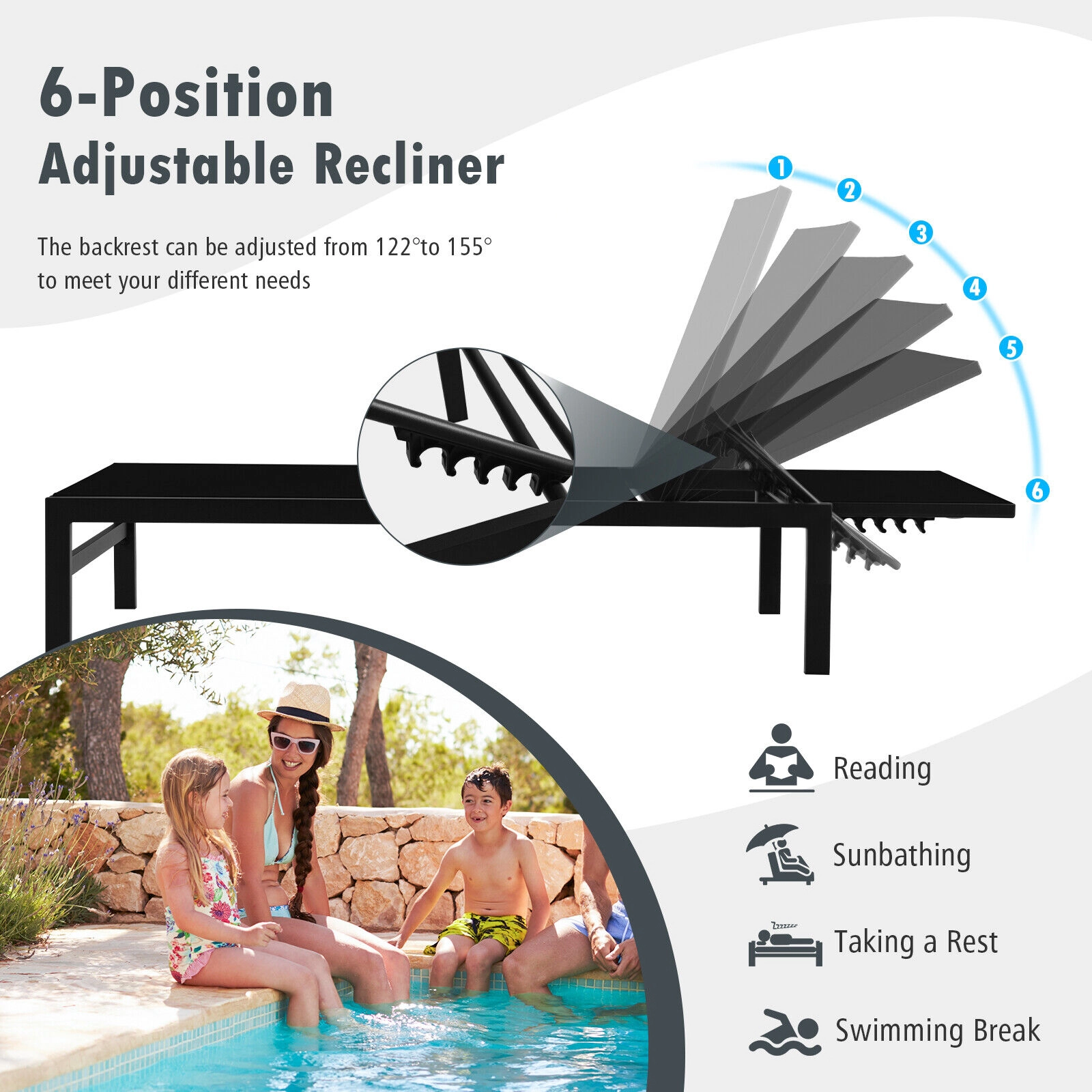 SUGIFT 6-Position Adjustable Chaise Lounge Chair with Rustproof Aluminum Frame 300-Lb Capacity 78-in Length Black