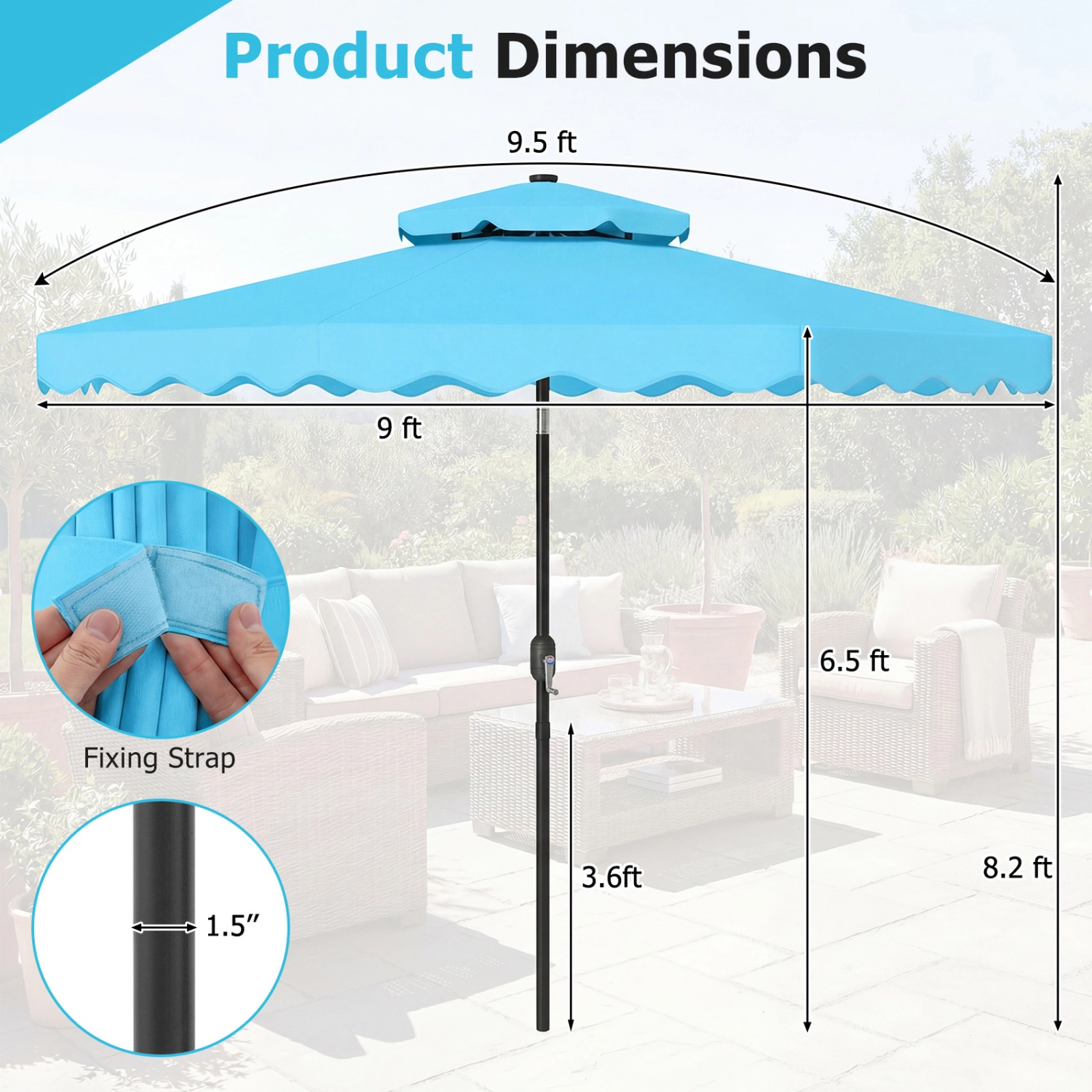 SUGIFT 9 ft Solar LED Patio Umbrella with 24 Lights Crank Lift and 8 Ribs