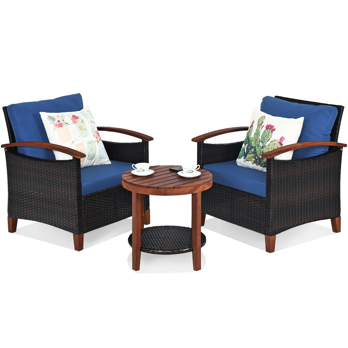 SUGIFT Blue Acacia Wood Tabletop and Washable Cushions 3-Piece Patio Rattan Chair Set