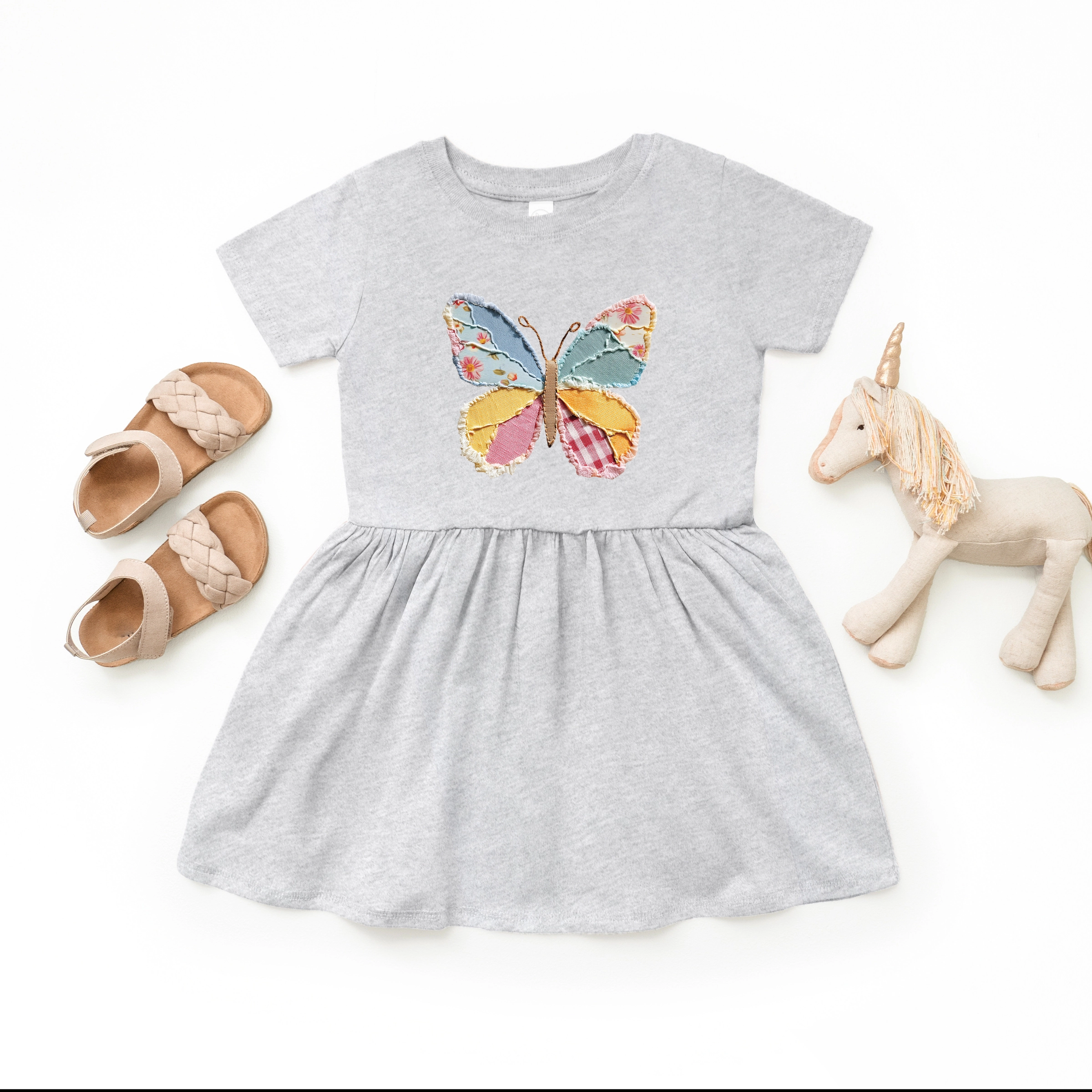 The Juniper Shop - Denim Butterfly Faux Patchwork Toddler Graphic Dress
