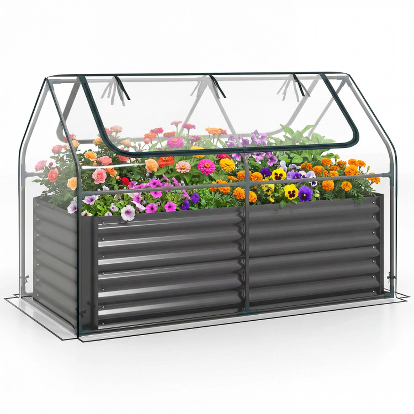 SUGIFT Galvanized Raised Garden Bed with Mini Greenhouse Cover Outdoor Planter Black + Clear/Silver + Clear
