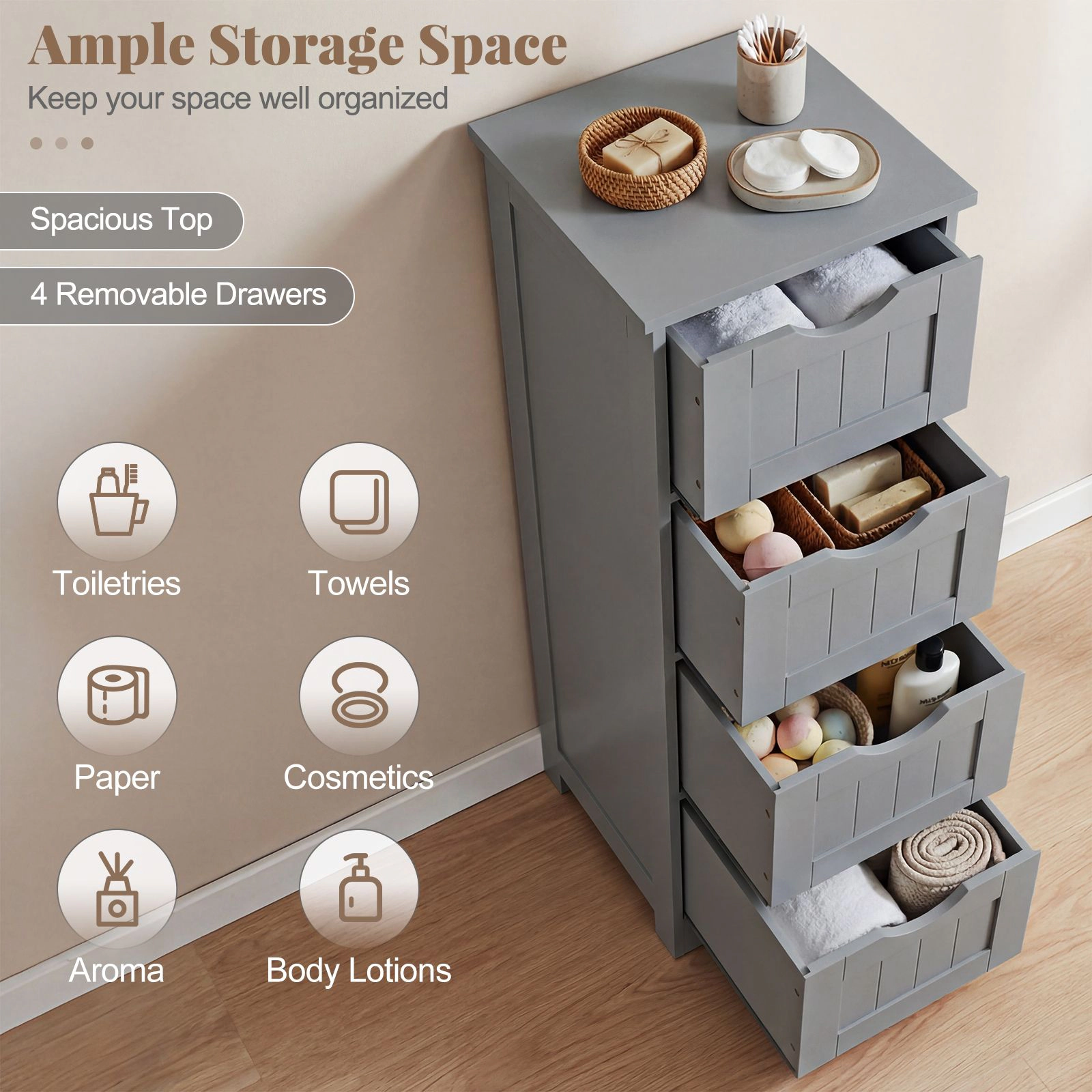 SlickBlue Narrow Bathroom Floor Cabinet with 4 Drawers, Gray