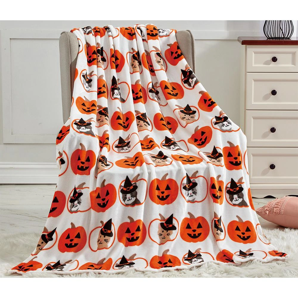 Plazatex Pumpkins & Cats plush Decorative Halloween Machine Washable Throw 50" X 60" Grey