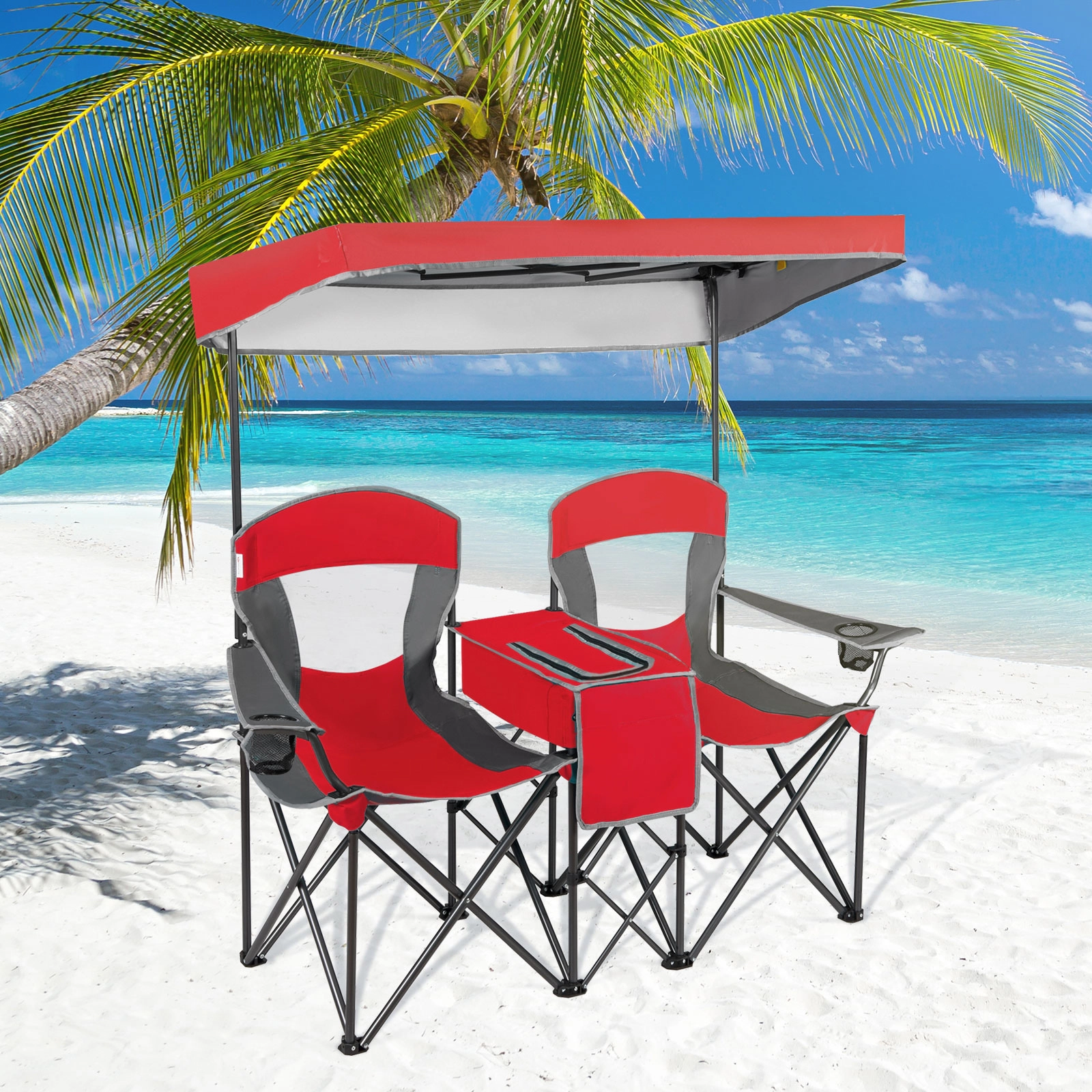SUGIFT Portable Folding Camping Canopy Chairs with Cooler Bag and Cup Holder 265-lb Capacity Red Turquoise Blue