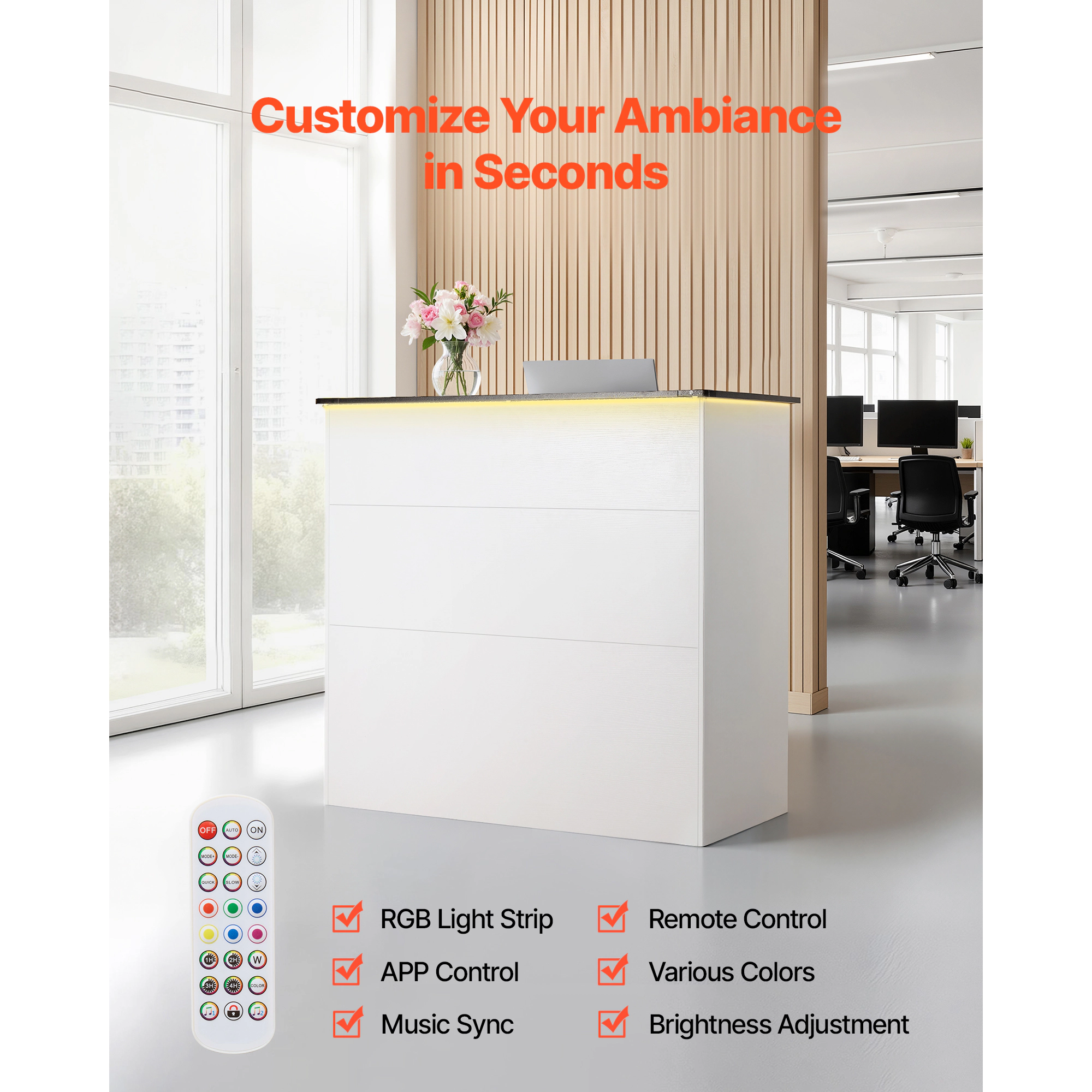 HONGGE Reception Desk, Rectangular Front Counter Table, Modern Office Desk with Light, Drawers