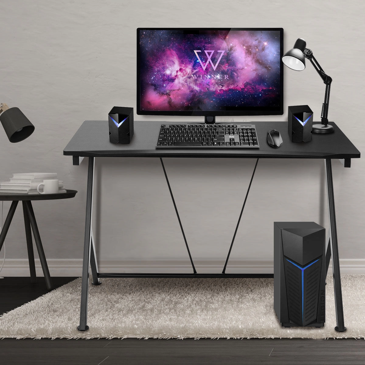 SUGIFT Modern Ergonomic Study Computer Desk -in Metal and MDF 175-lb Capacity Home Office Gaming Workstation Black