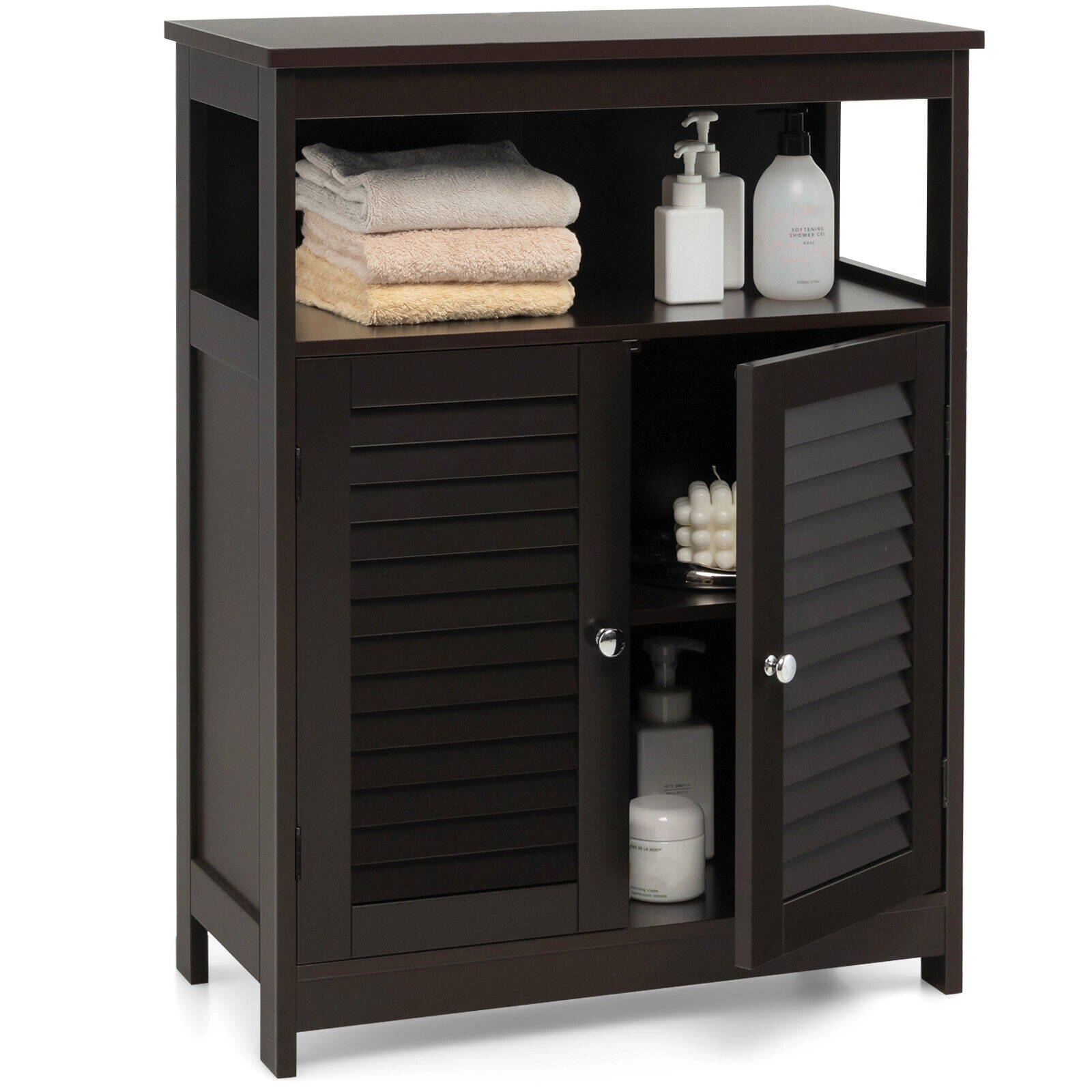 SUGIFT Double Shutter Door Open Shelf Freestanding Bathroom Floor Cabinet 23.5-in x 12-in x 31.5-in 77-lb Top Brown