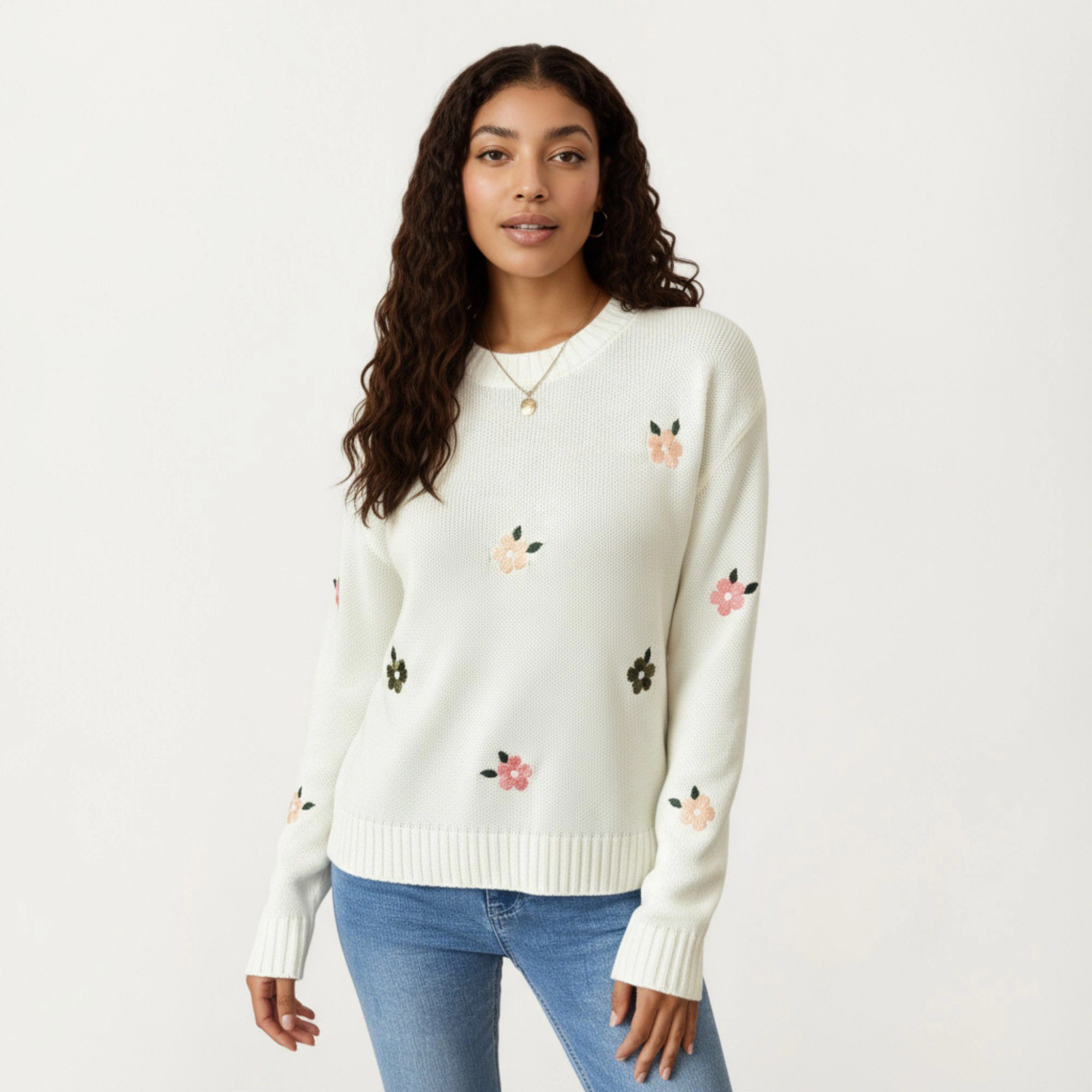 Anna-Kaci Women's Floral Embroidered Knit Sweater with Ribbed Hem Long Sleeves