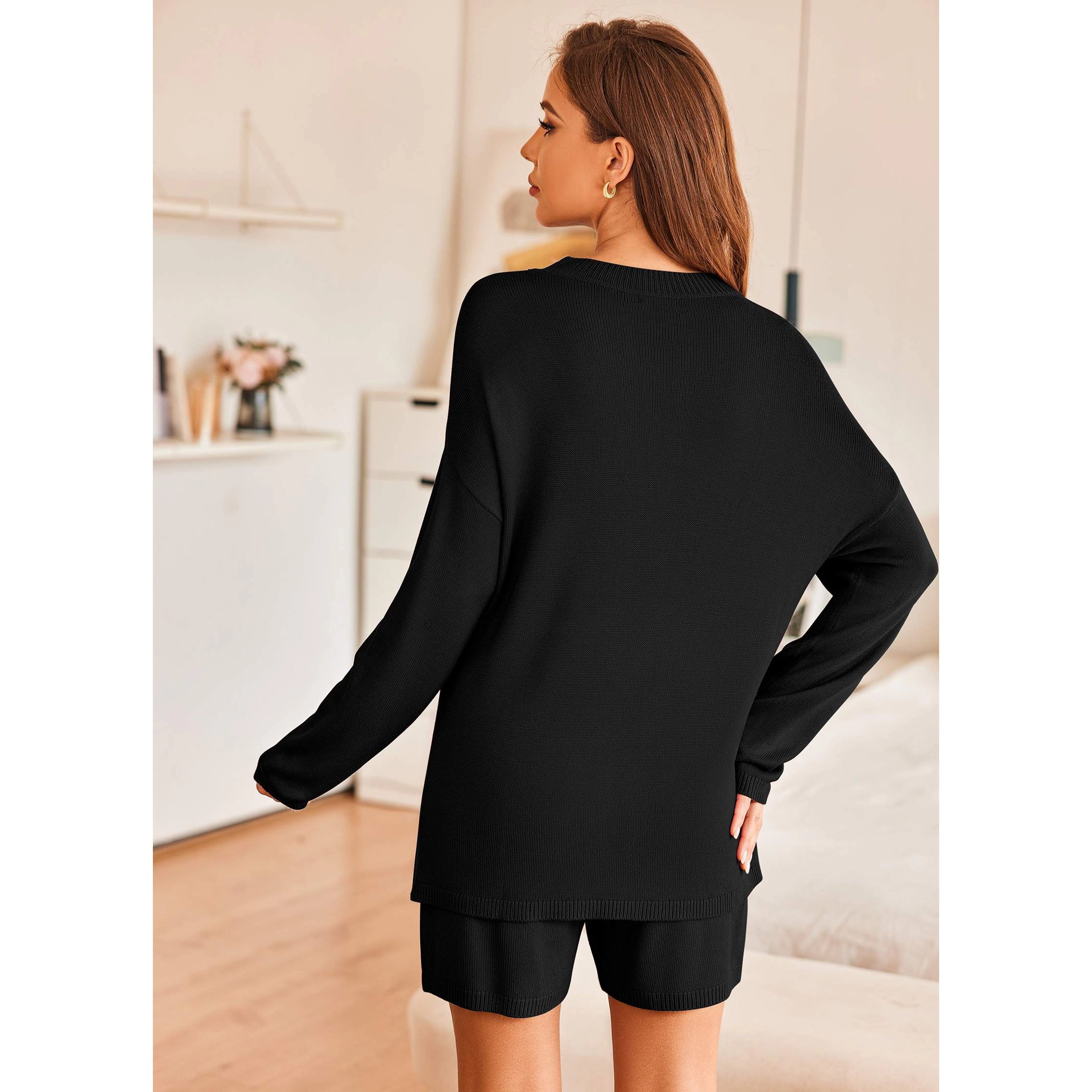 Elouaer Sweater Sets Women Two Piece Lounge Long Sleeve Knit Pullover Tops Short Wide Leg Pants
