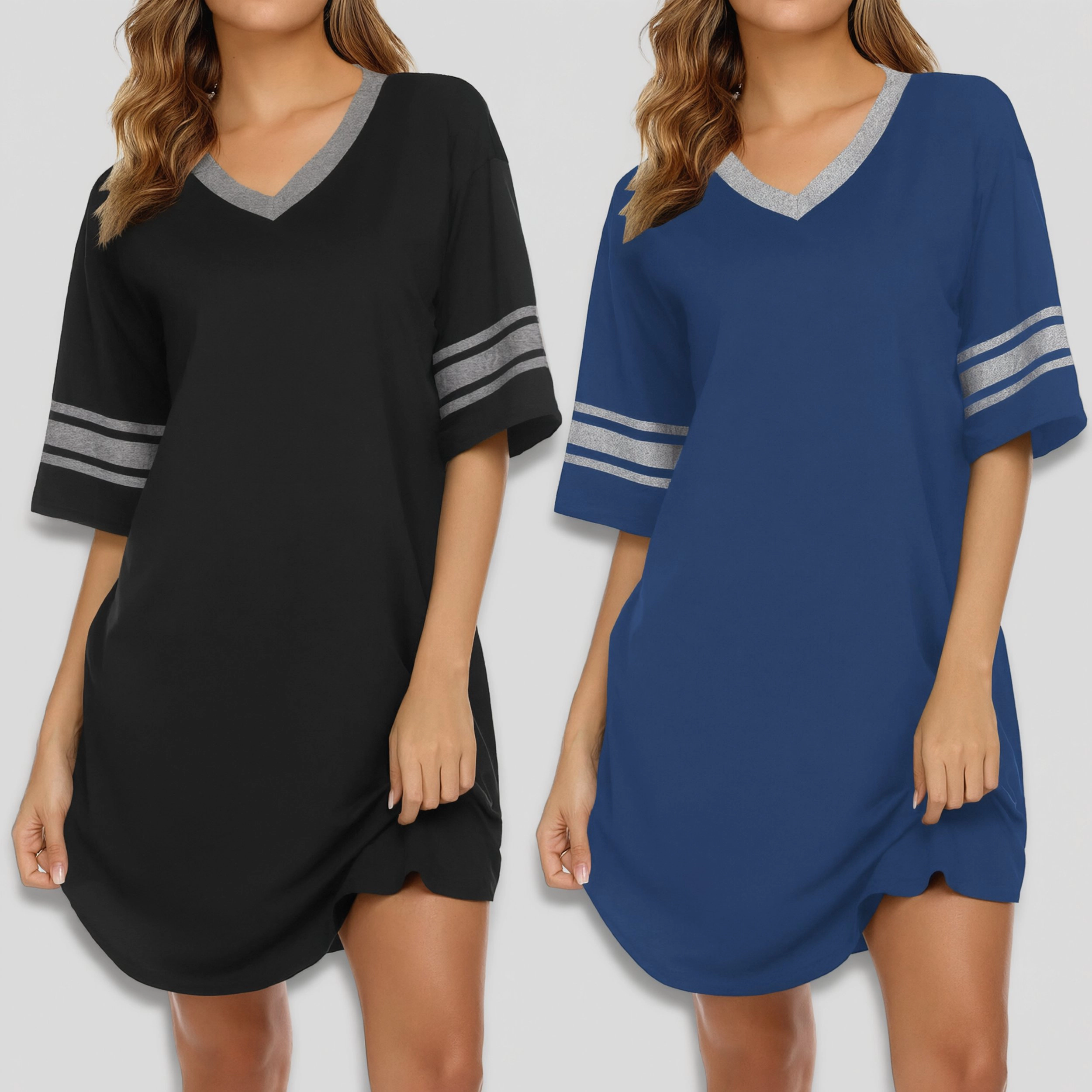 Ekouaer Women's V Neck 3/4 Sleeve Stripe Trim Loose T-Shirt Dress