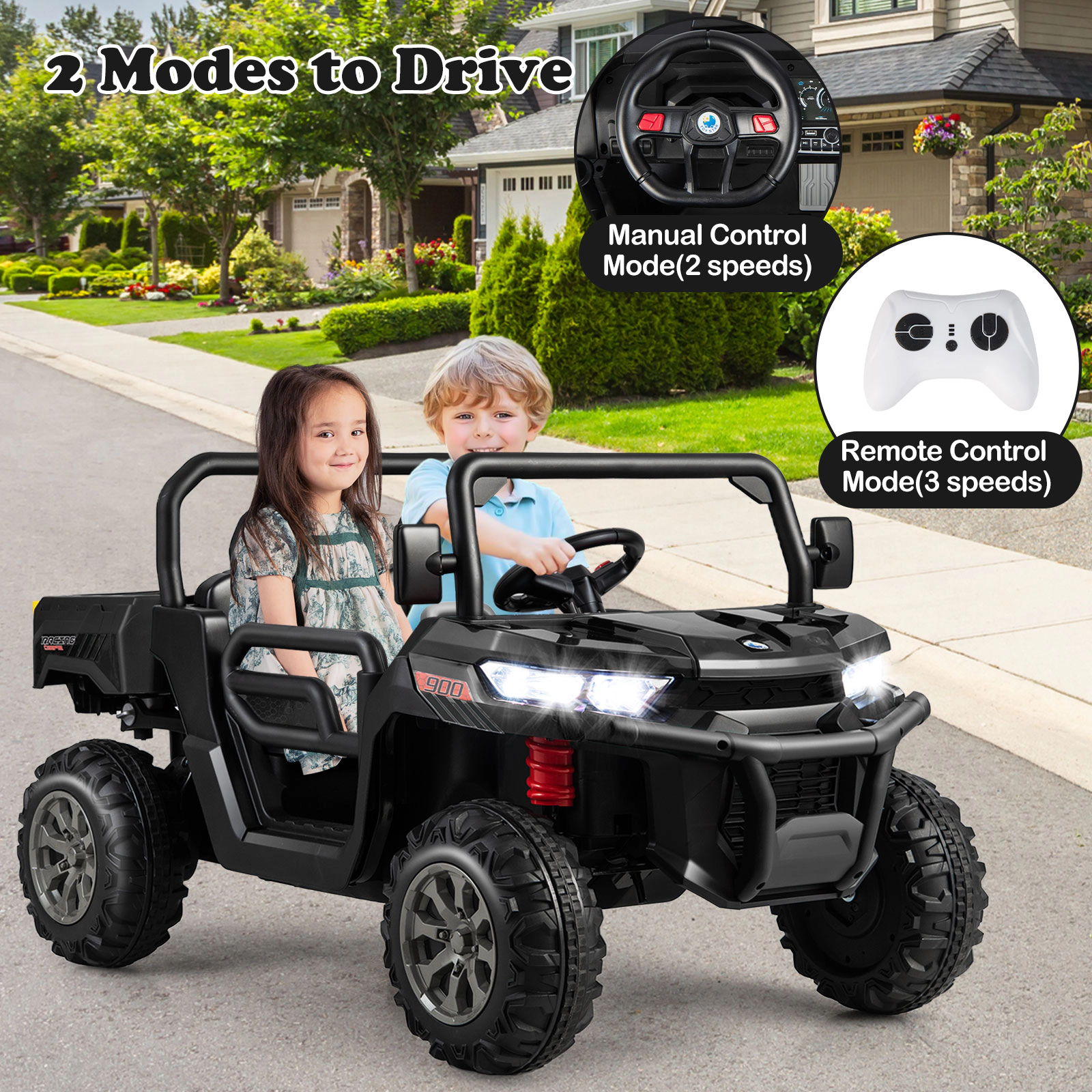 Costway 24V Ride on Dump Truck Electric 2-Seater Kids UTV w/Dump Bed & Bight Lights and Remote Control Red