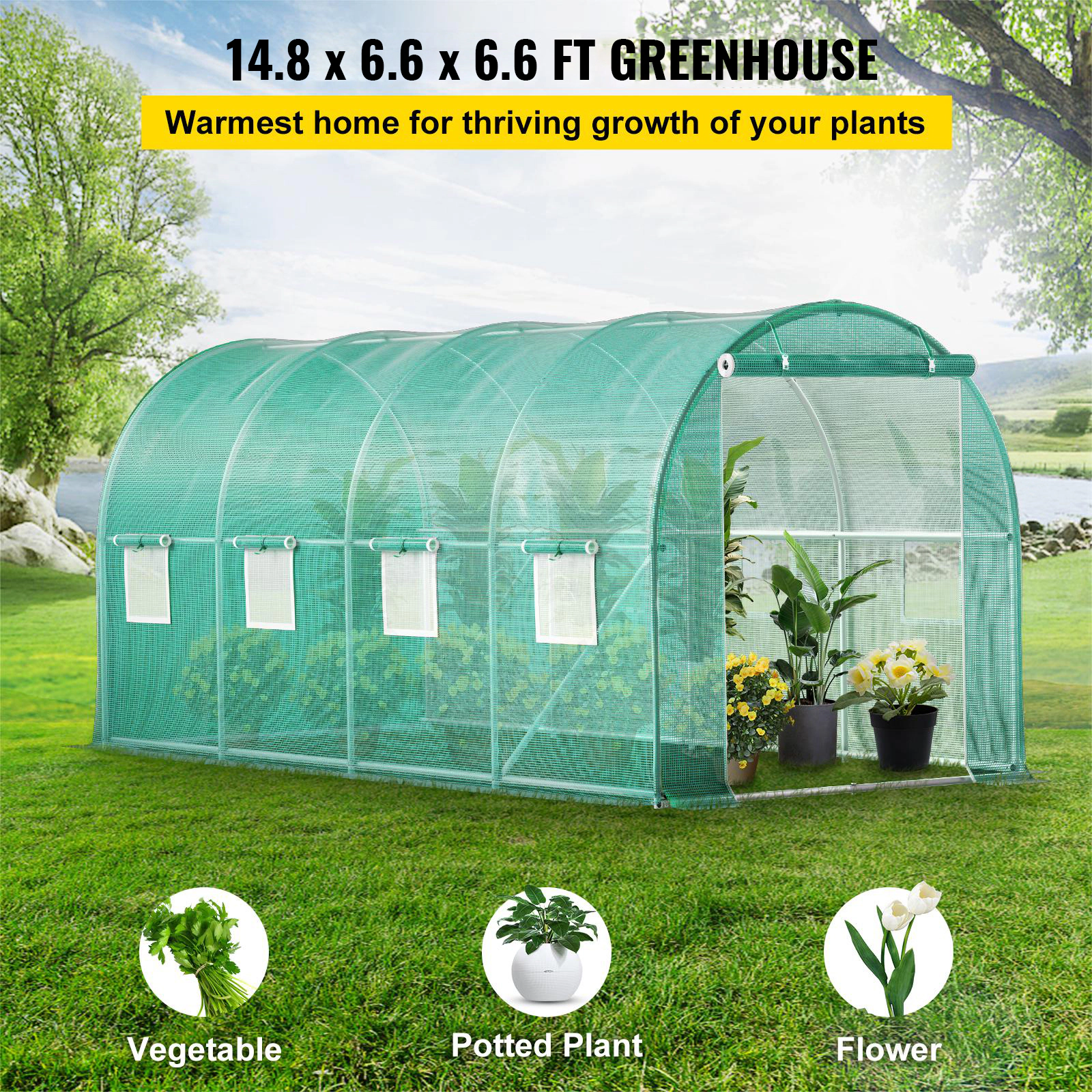 HONGGE Walk-In Tunnel Greenhouse, 15 x 7 x 7 ft, Galvanized Steel Hoop House with 8 Mesh Windows, Green
