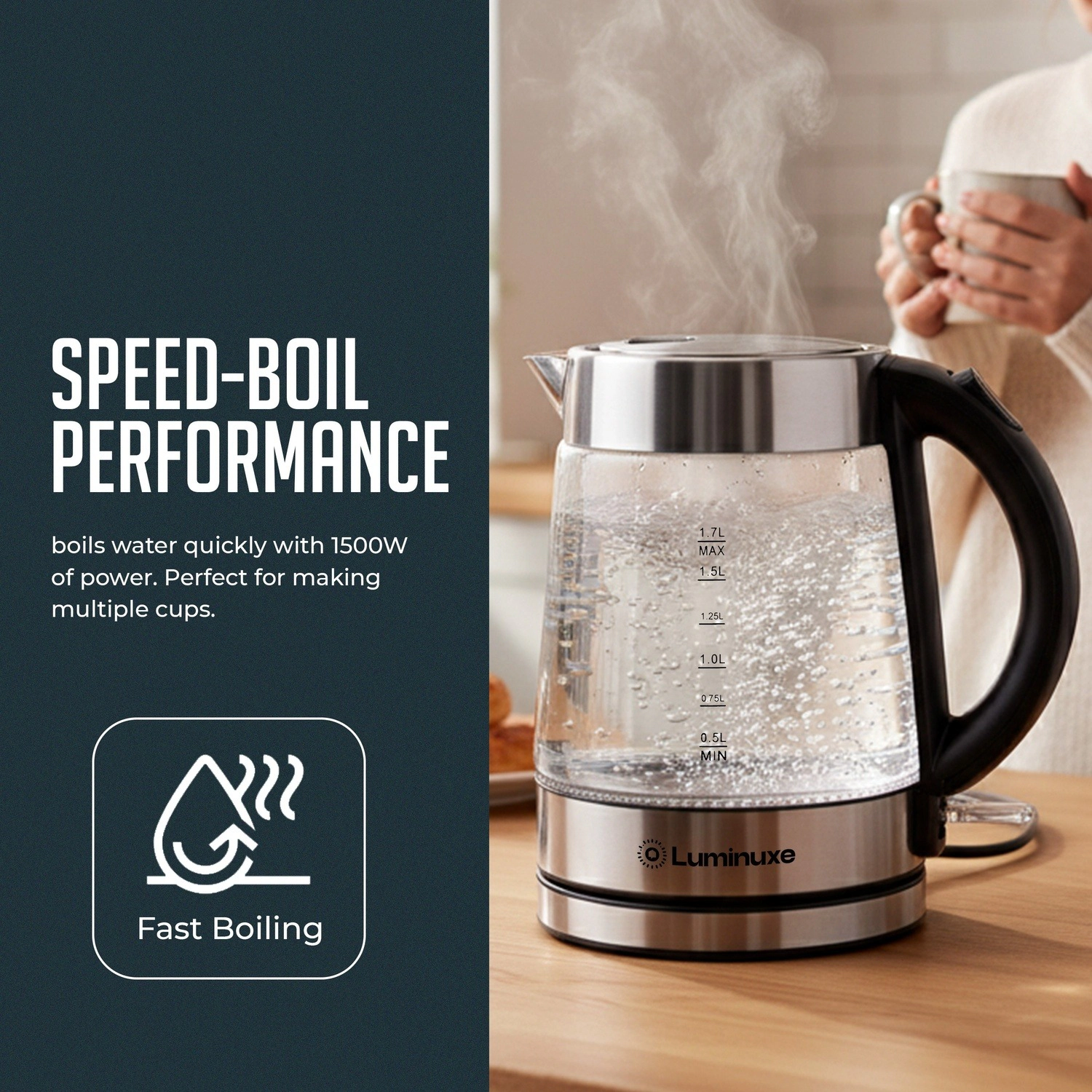 Luminuxe 1.7L Electric Kettle, Speed-Boil Glass Electric Water Boiler & Warmer, Auto Shut-Off Cool Touch Handle
