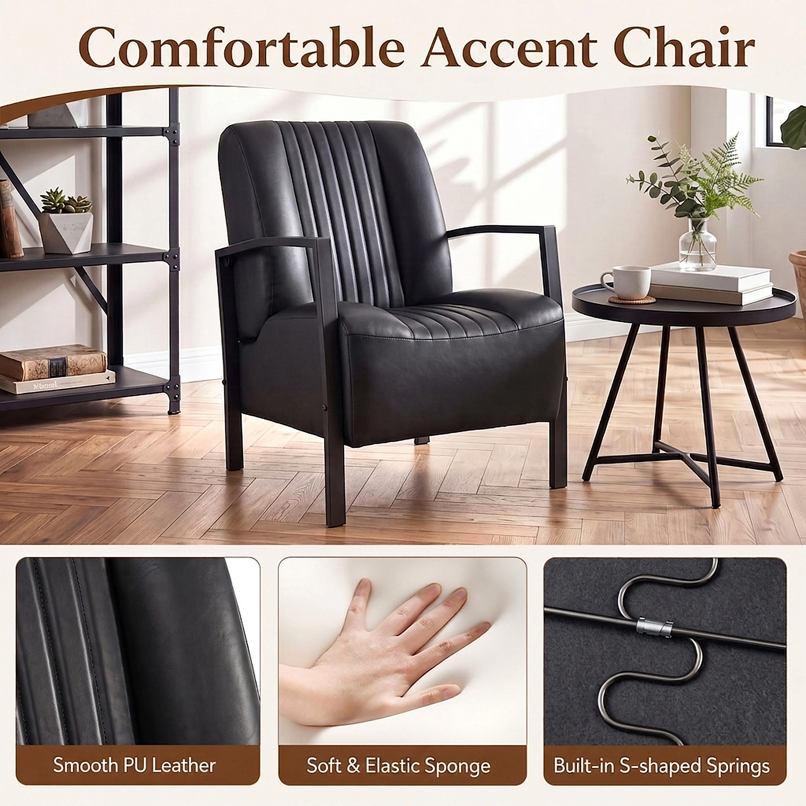 SUGIFT Black Padded Seat S-Spring Support 440-lb Faux Leather Upholstered Armchair
