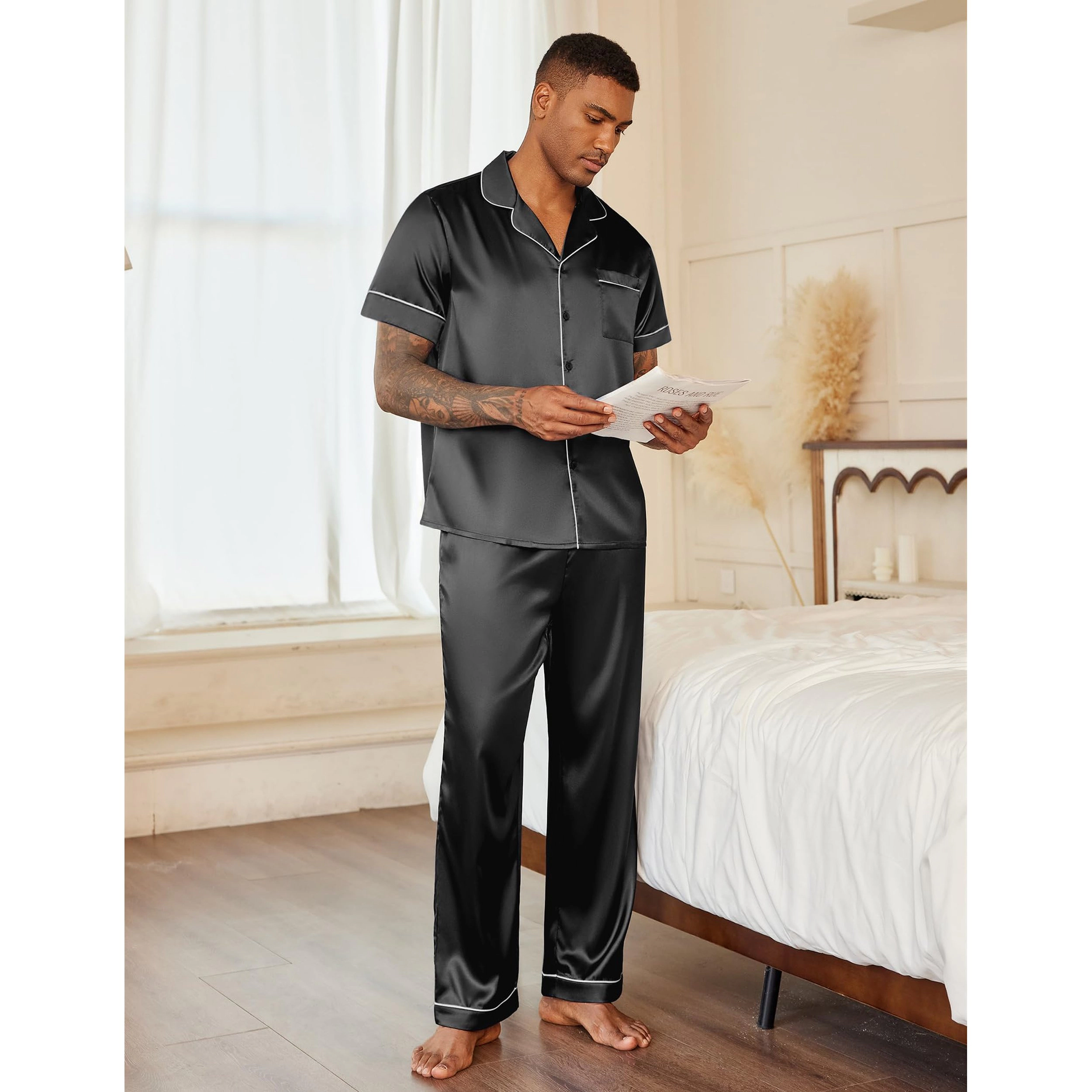 Ekouaer Silk Pajamas for Men Pjs Short Sleeve Button Down Sleepwear 2 Piece Loungewear