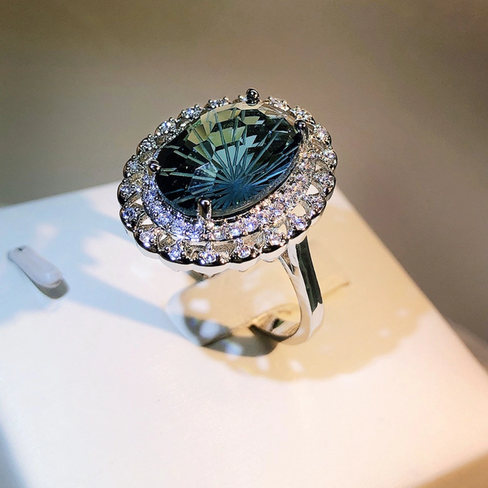 Oval Teal‑Green Cubic Zirconia Double Halo Cocktail Ring Silver‑Tone Luxury Statement Ring for Women