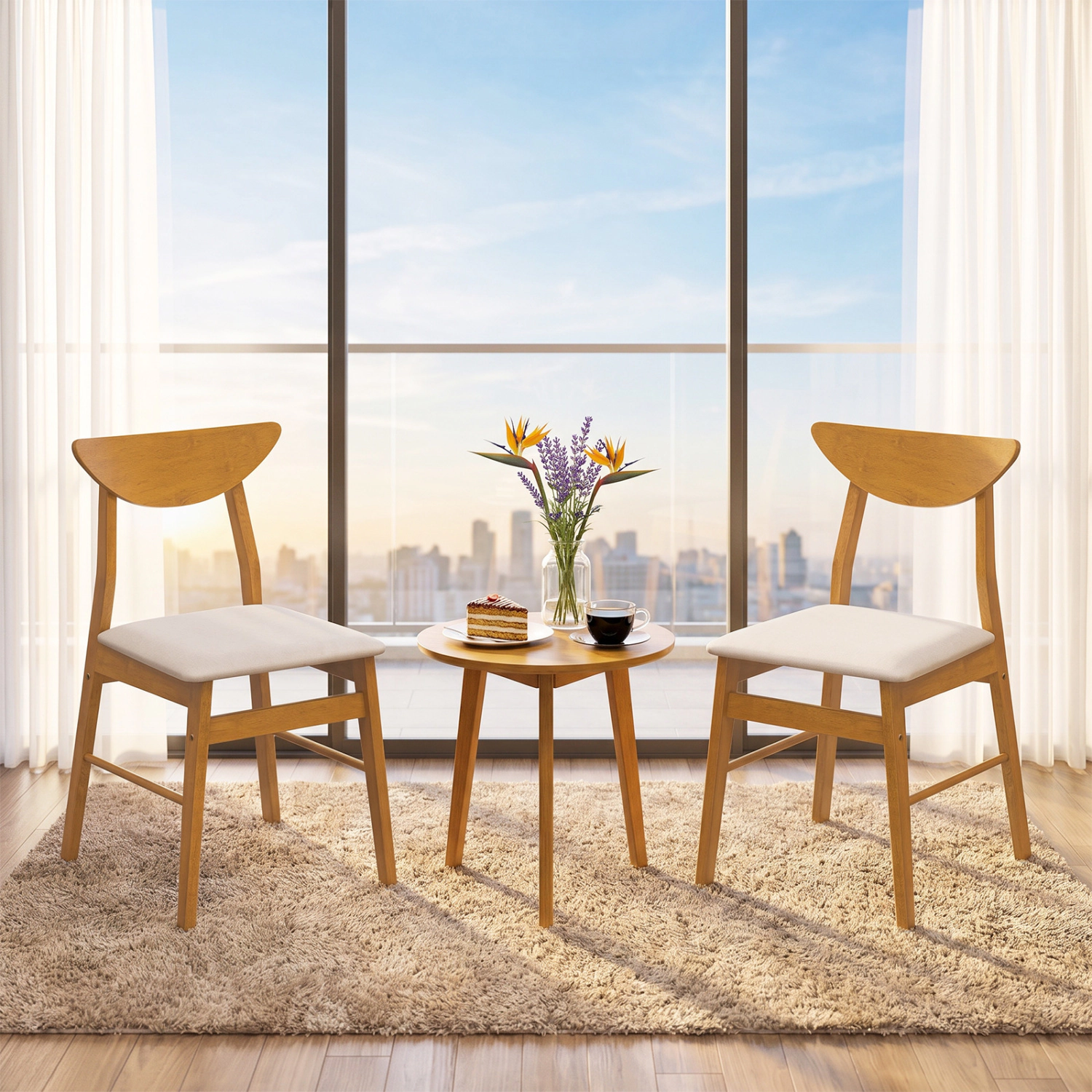 LJG Set of Upholstered Dining Chairs with Curved Backrest and Rubber Wood Frame