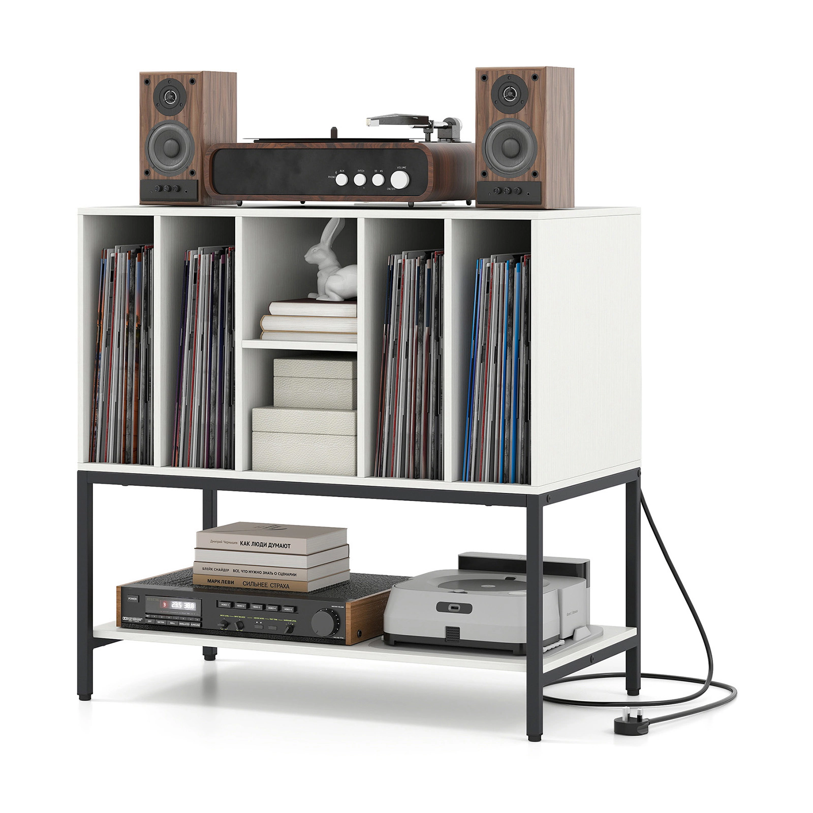 SUGIFT Record Player Stand with Charging Station and Metal Frame Accent Table 275-lb Capacity White