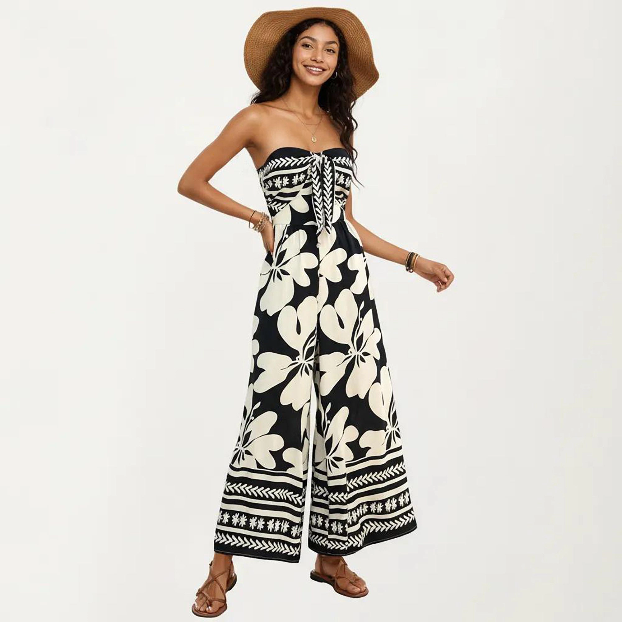 Anna-Kaci Womens Strapless Floral Wide Leg Jumpsuit with Border Trim