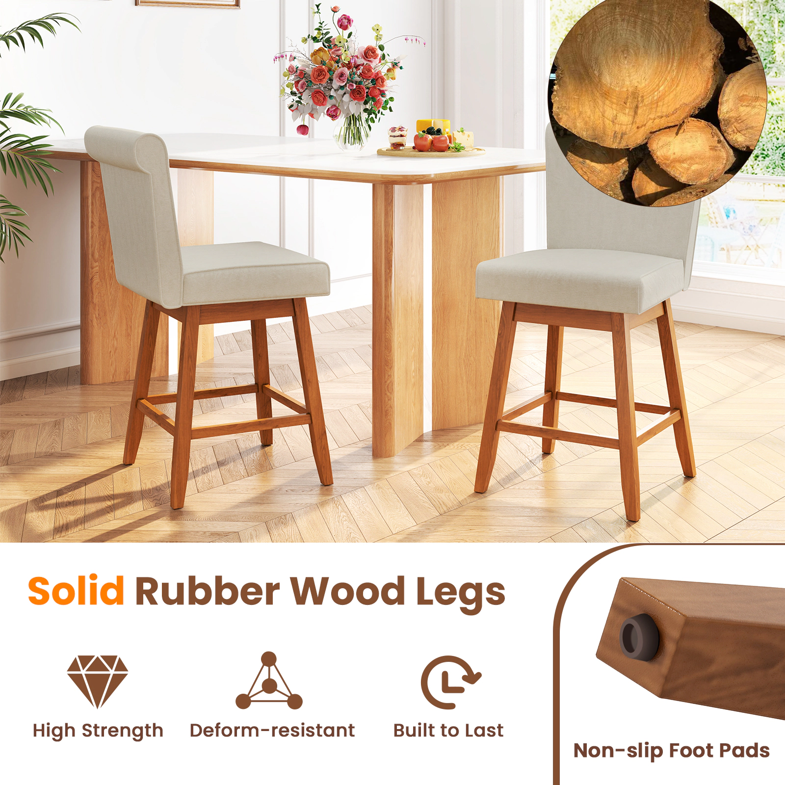 SUGIFT Set of 2 Beige 27-Inch Counter-Height Swivel Bar Stools, Linen Upholstery, 5-Inch Cushion