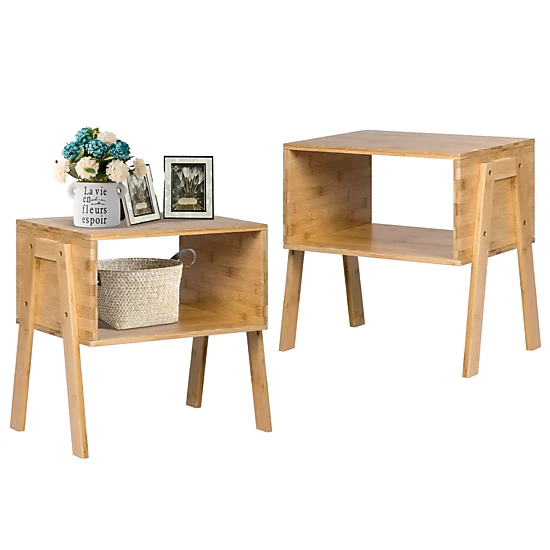 SUGIFT Set of 2 Stackable Bamboo Nightstands, 66 lb Capacity, Open Shelf, Natural Finish