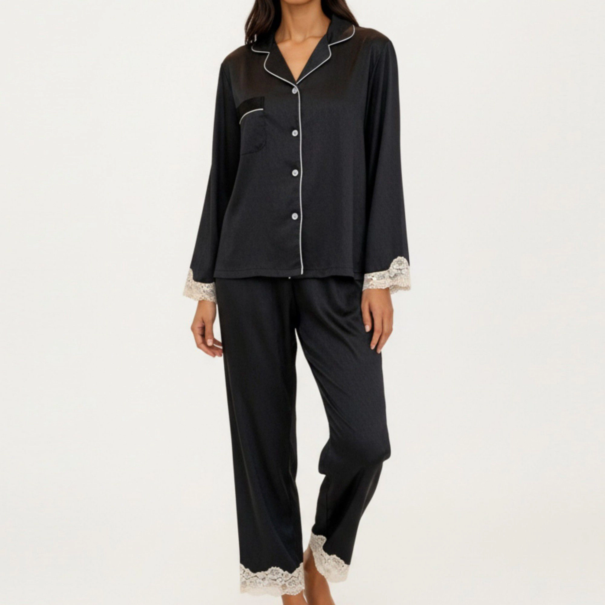 Anna-Kaci Women's 2-Piece Satin Button Front Pajama Top with Lace Trim Sleeves and Matching Elastic Waist Pants