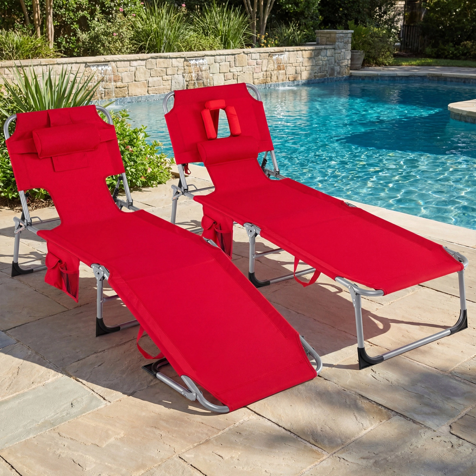 SUGIFT Set of 2 Red Folding Tanning Chaise Lounge Chairs with Face Holes and Head Pillows