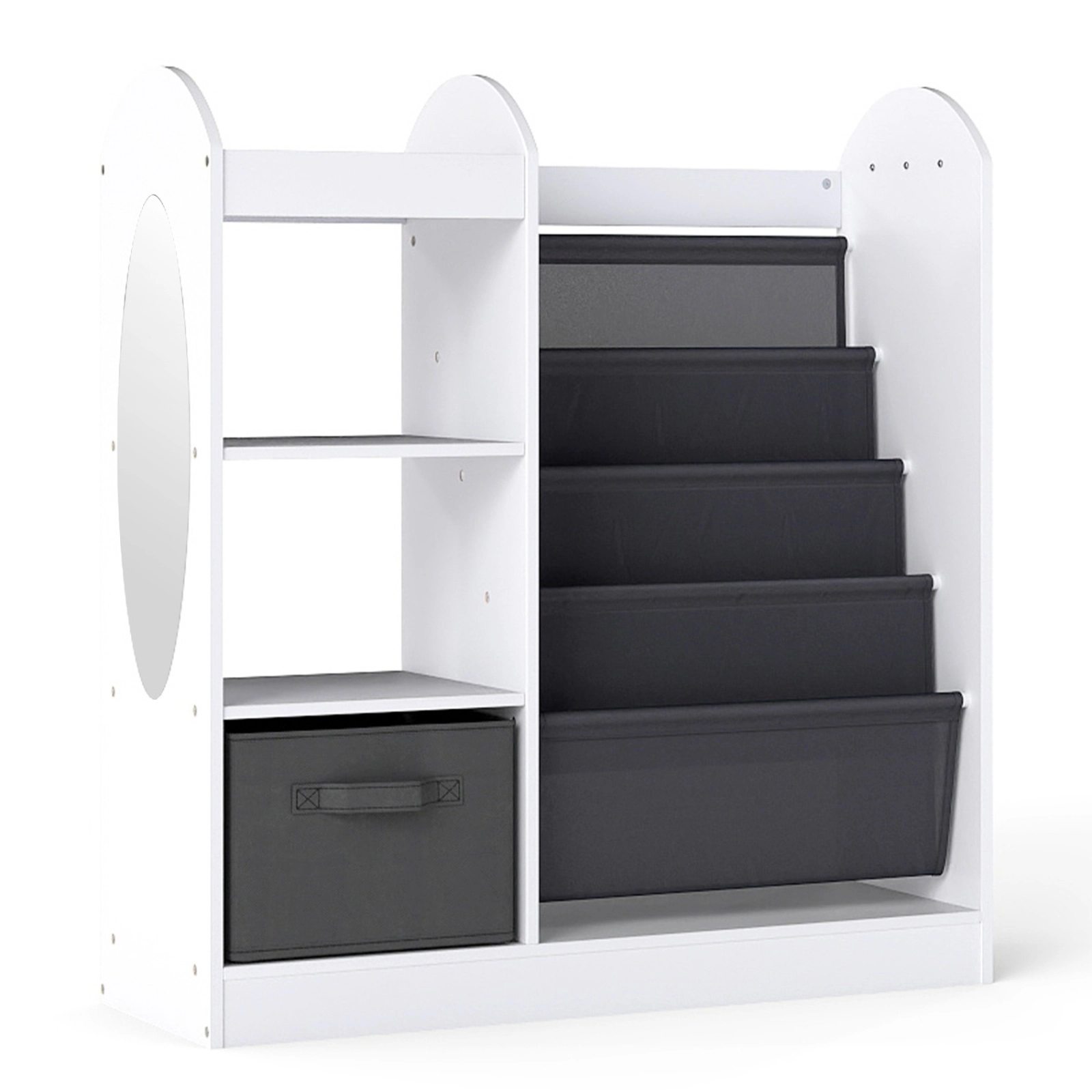 SUGIFT White 22-lb Shelf 4-Tier Sling Kids Bookshelf Toy Storage Organizer with Mirror and Fabric Drawer