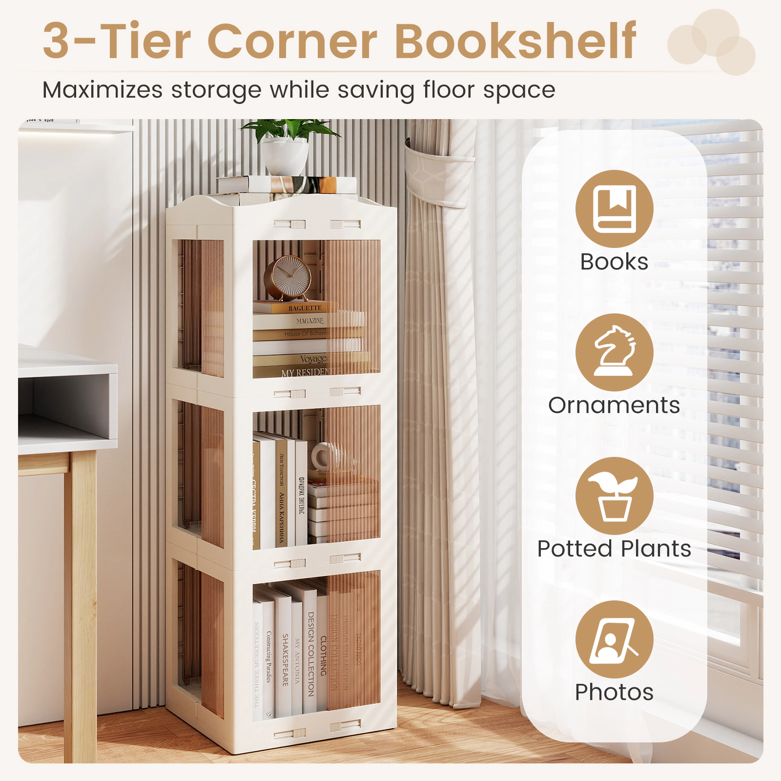 SUGIFT White 3-Tier Foldable Rotating Bookshelf with Swivel Base and Translucent Panels