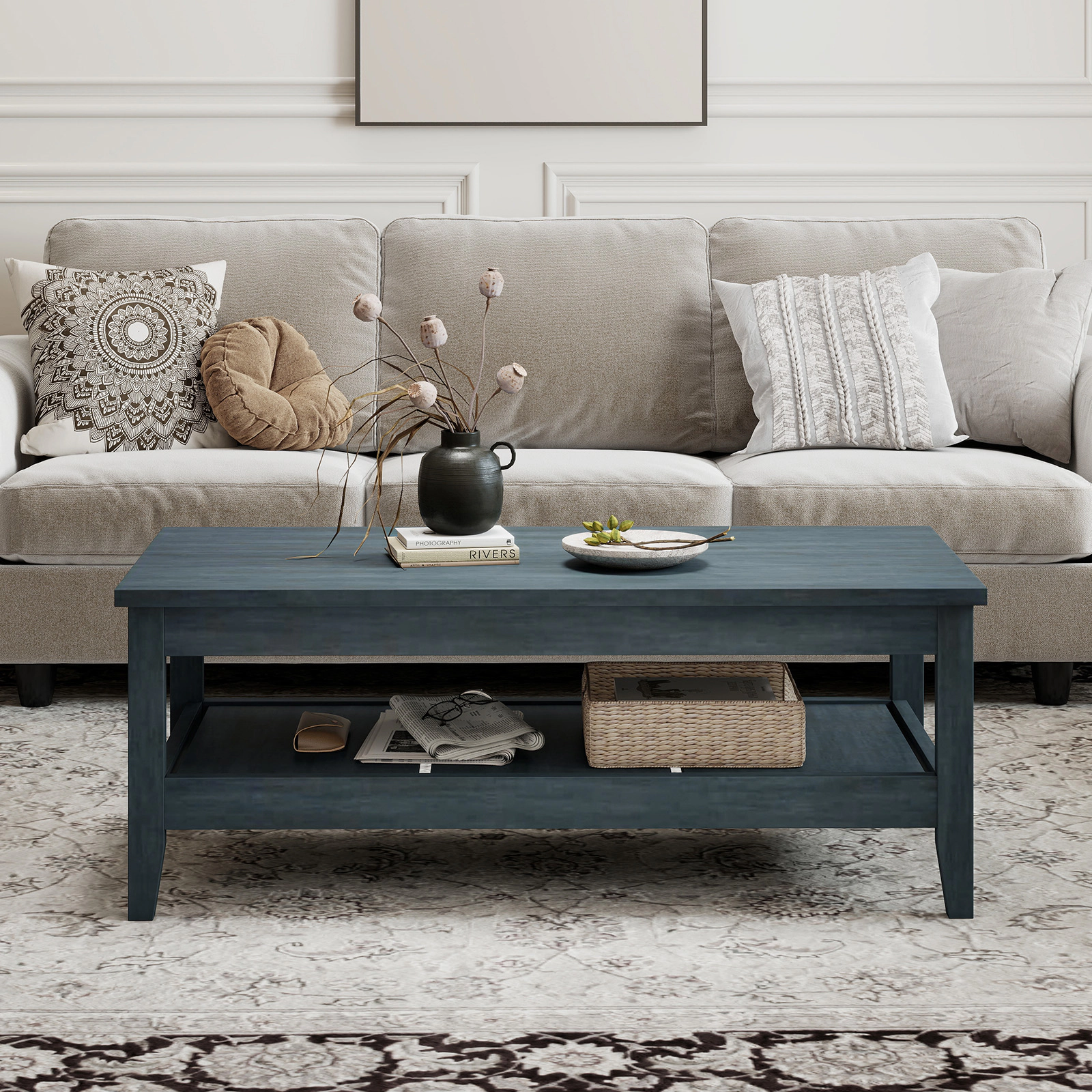LJG Farmhouse Coffee Table Rustic Cocktail Center with Thickened Tabletop