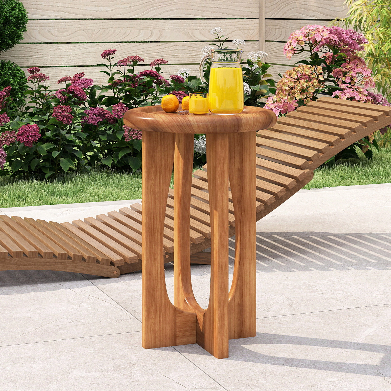 SUGIFT 14-in Round Solid Mahogany End Table, Tray Top, Cross Legs, Natural