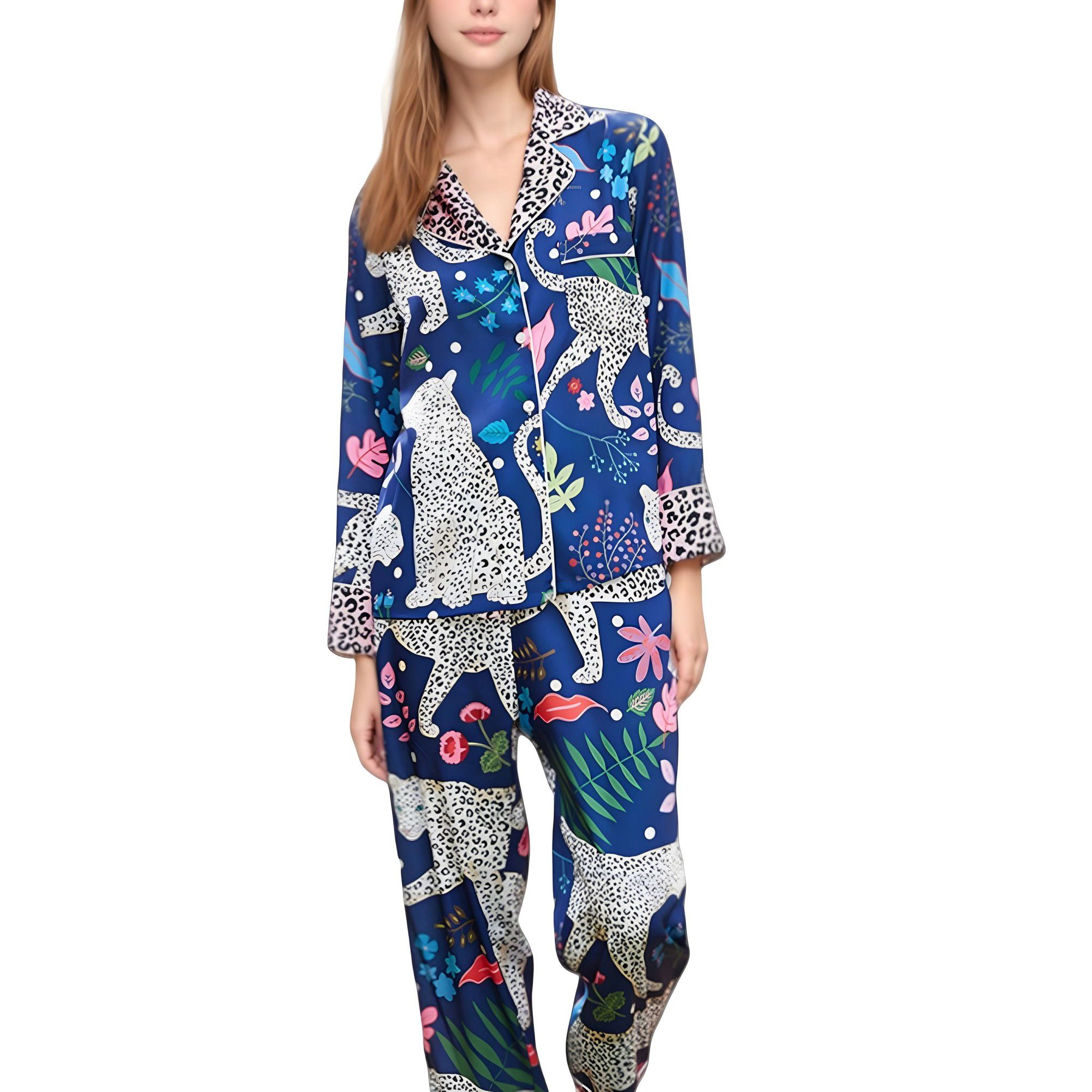 Anna-Kaci Women's Satin Leopard and Botanical Print Pajama Set with Button Up Long Sleeve Shirt Relaxed Fit Pants