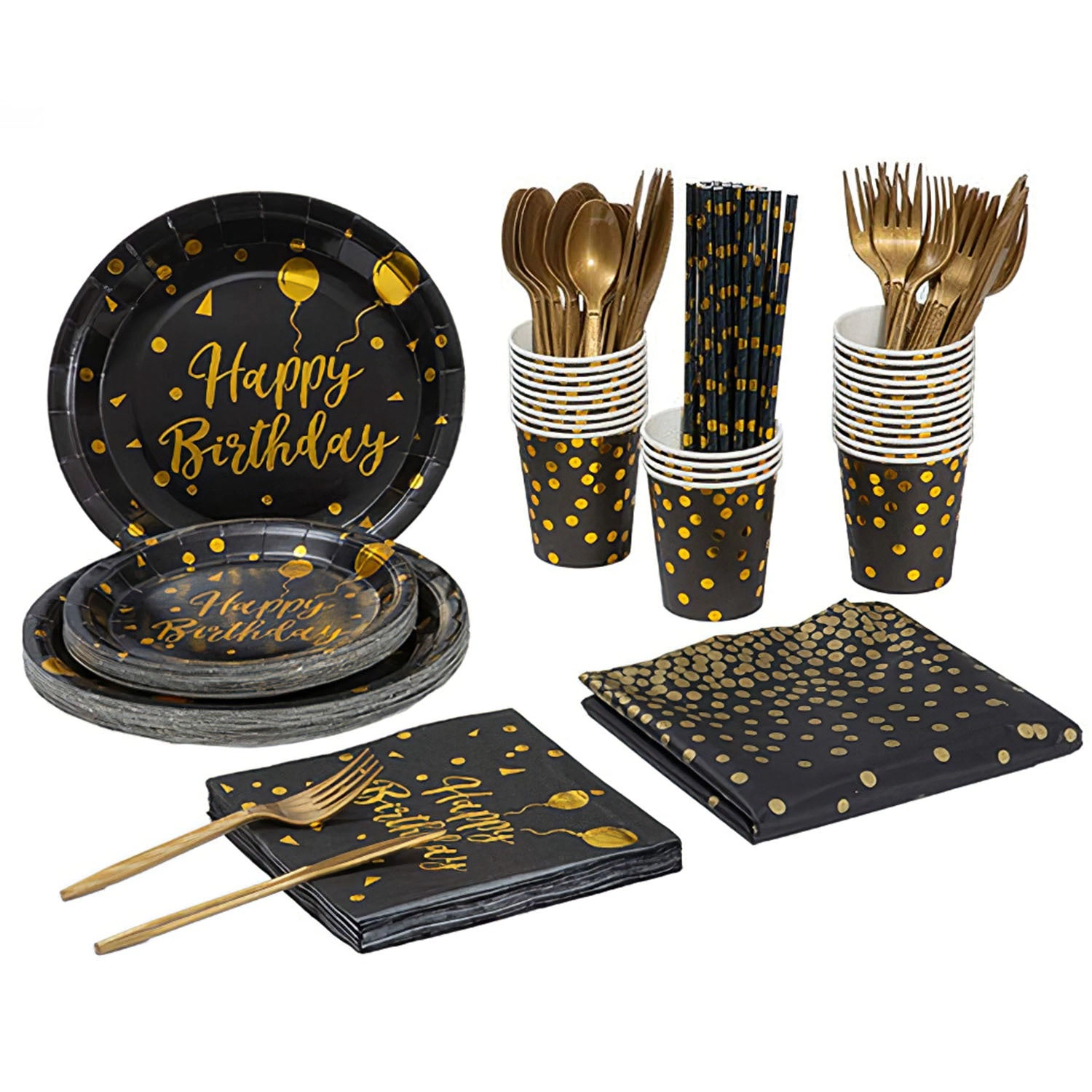 GBruno Black Gold Birthday Party Supplies Set