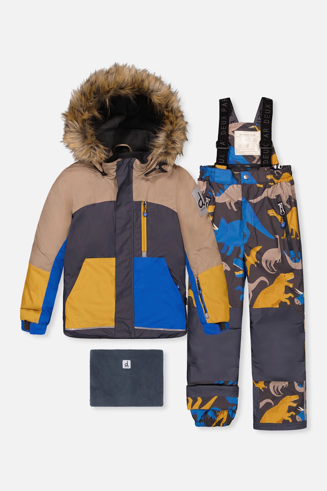 Deux par Boys Colorblock Two Piece Play Snowsuit with Hooded Jacket and Dinosaur Print Snow Pants