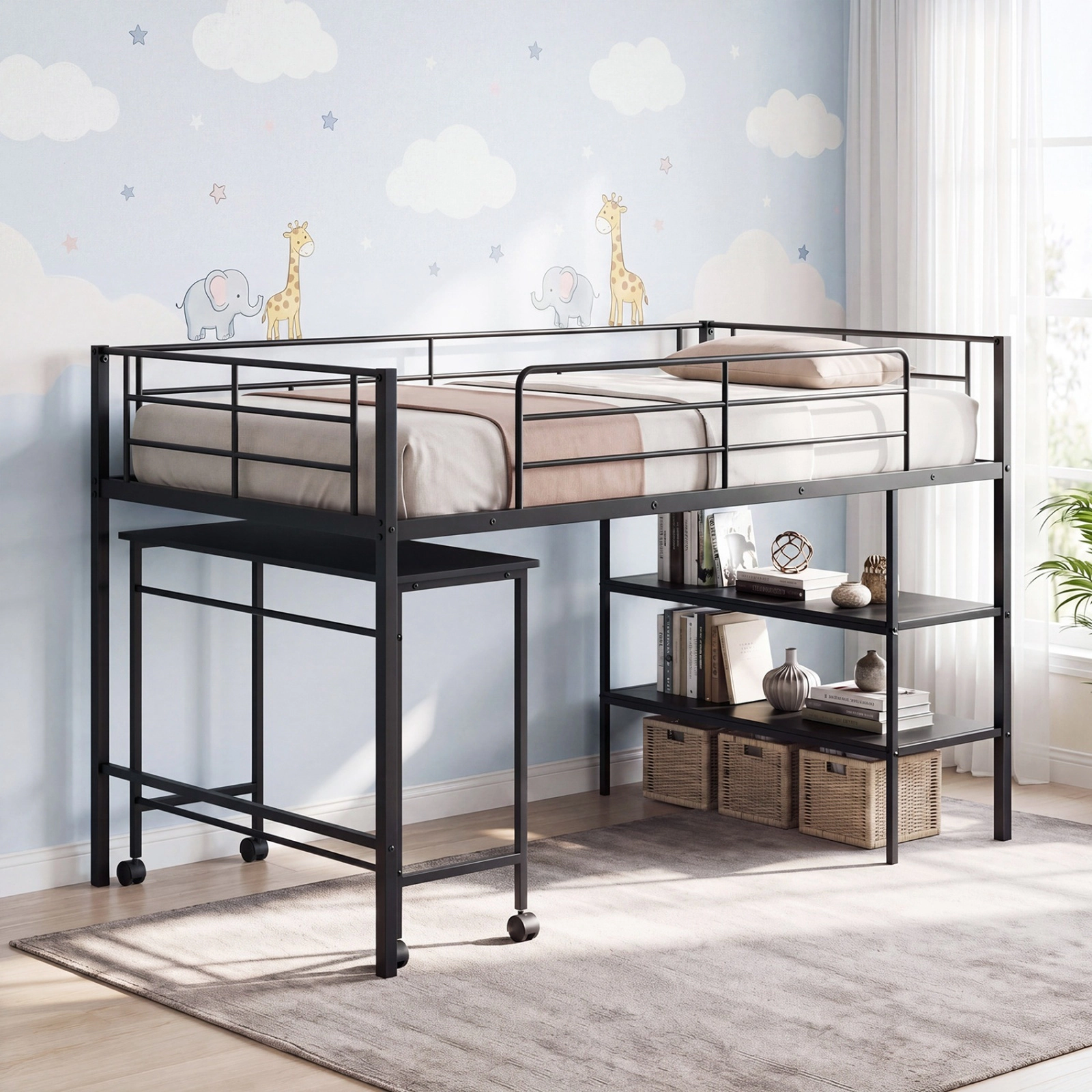 SUGIFT Twin Loft Bed with Rolling Desk and Bookshelf, Black Metal and Wood Frame