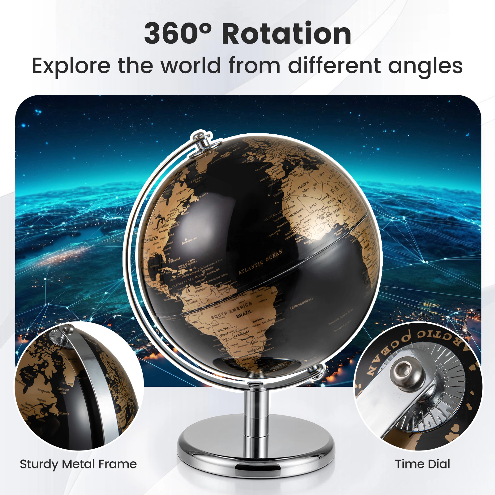 SUGIFT 8-in Rotating World Globe with Time Zone Markings Electroplated Metal Frame and Non-Slip Base