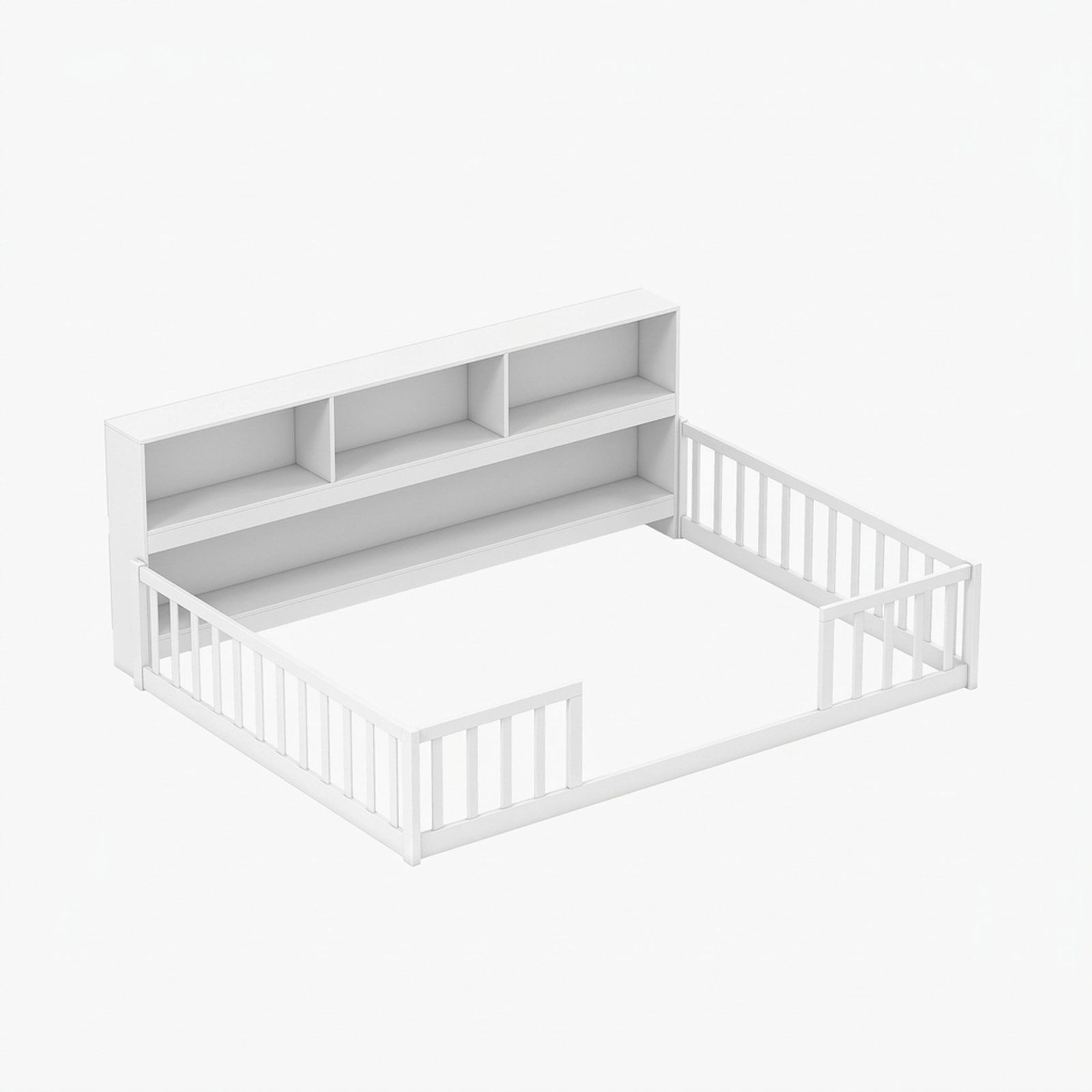 SUGIFT Full Size Montessori Floor Bed with Integrated Bookshelf Trundle Bed 44-lb Bookshelf Capacity Gray/White