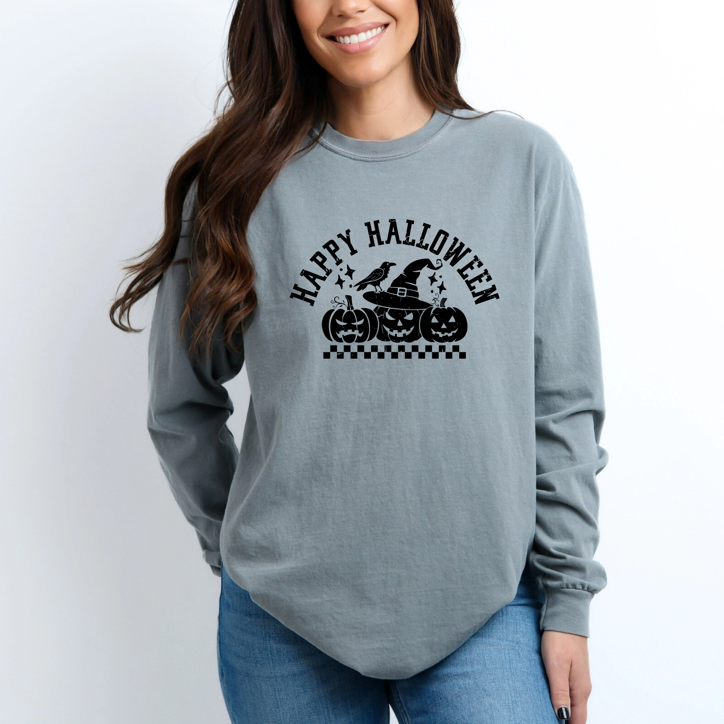 Simply Sage Market - Women's Garment Dyed Long Sleeve Graphic T-Shirt Happy Halloween Arch Distressed